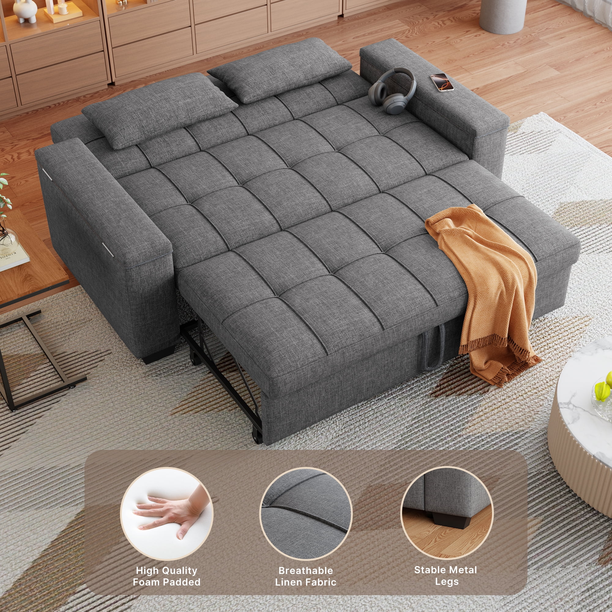 Sofa Bed, 3 in 1 Convertible Couch Bed with Storage Armrest and Adjustable Backrest for Living Room, Dark Gray - Image 7