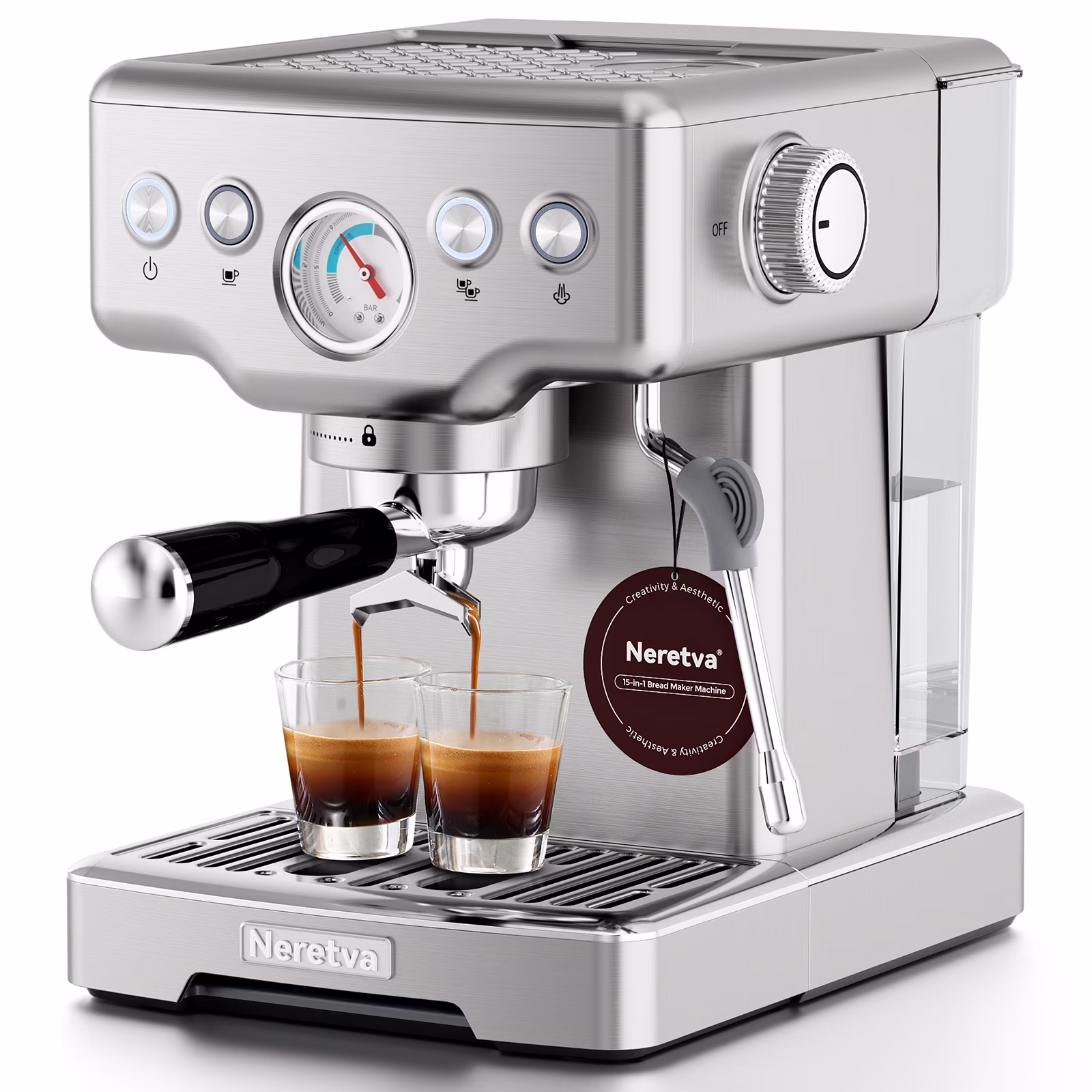 Espresso Machine 15 Bar Professional Espresso Maker with Milk Frother Steam Wand, Cappuccino Latte Machine, Espresso Coffee Machine for Home- Stainless Steel(Visible Pressure Guage)