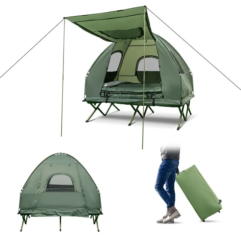 Tente-lit 5 en 1 pour 2 personnes, portable, avec matelas gonflable, sac de couchage et pare-soleil.