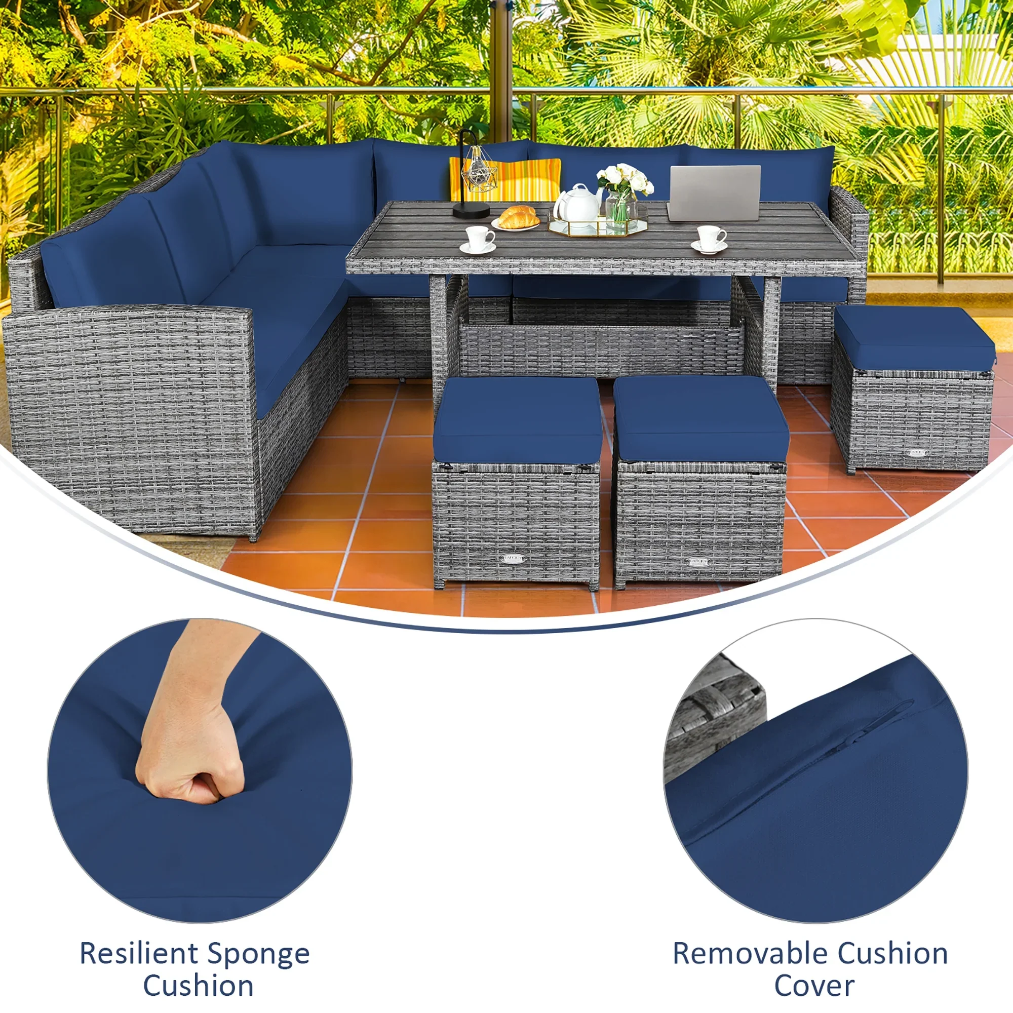 Costway 7 PCS Patio Rattan Dining Set Sectional Sofa Couch Ottoman Garden Red