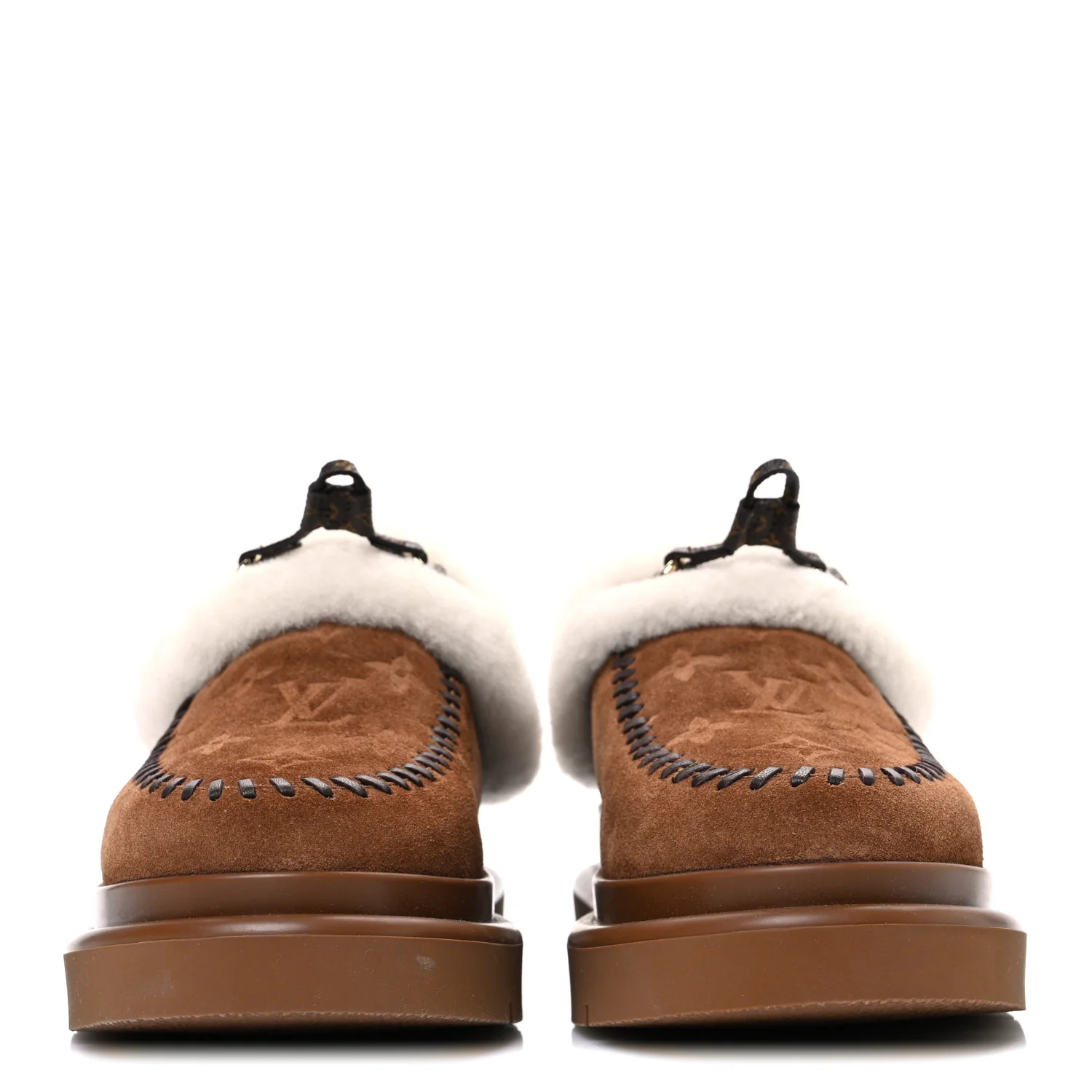 Suede Calfskin Shearling Monogram Debossed Cortina Closed Mule 38 Light Beige