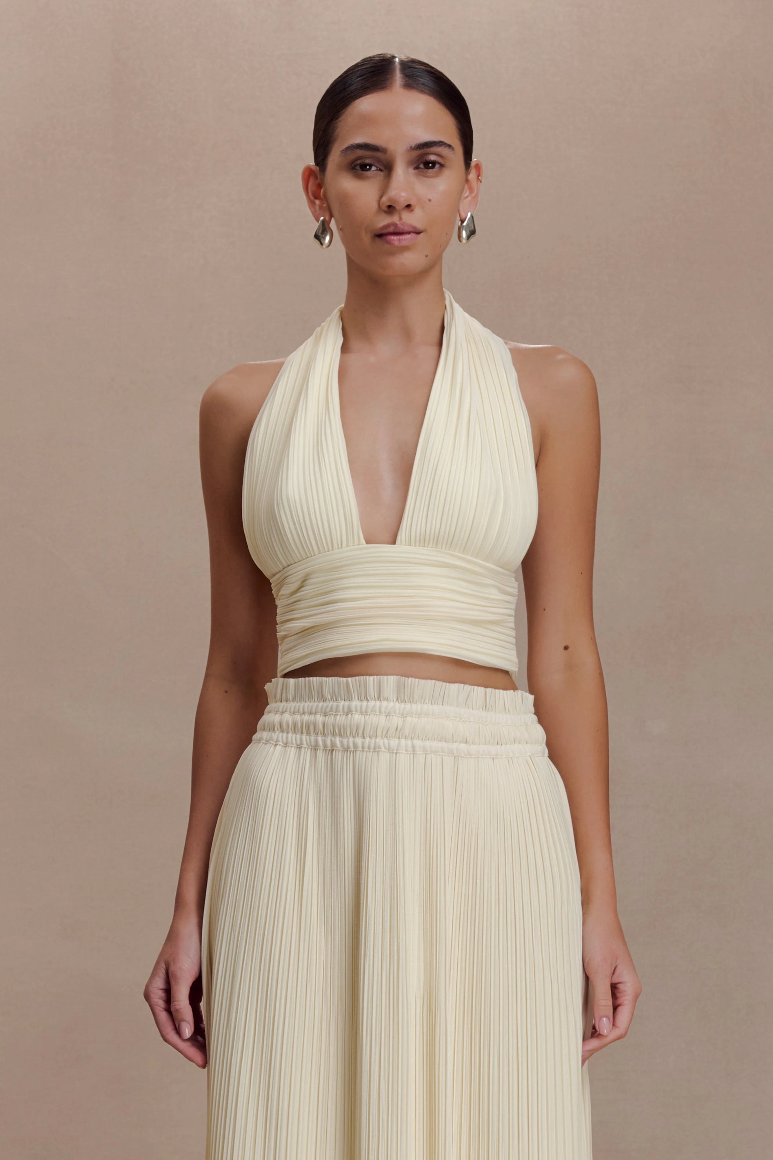 Amaris Sleeveless Plisse Halter Top - Lemon