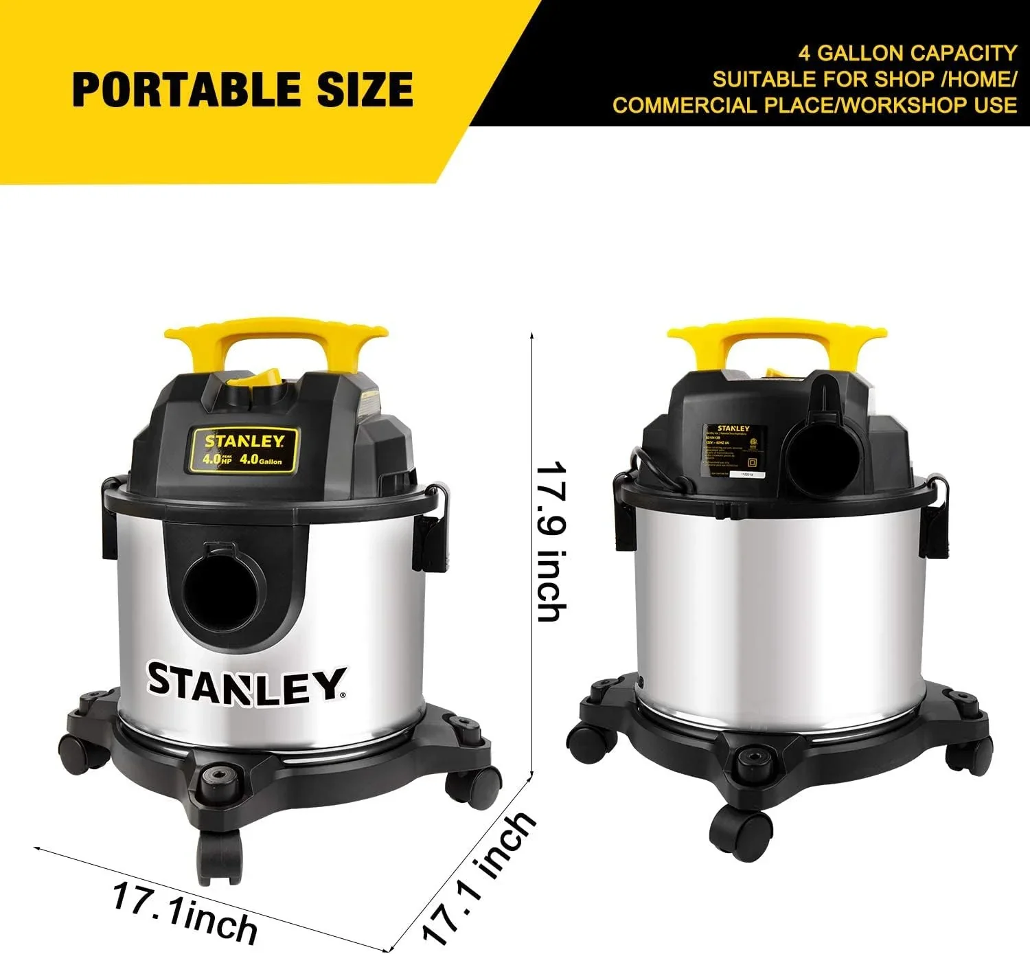 4 Gallon Wet Dry Vacuum, 4 Peak HP Stainless Steel 3 in 1 Shop Vacuum Blower with Powerful Suction, Vacuum for Job Site, Garage, Basement, Workshop, Top Handle, Portable Wet Dry Vac SL18301-4B