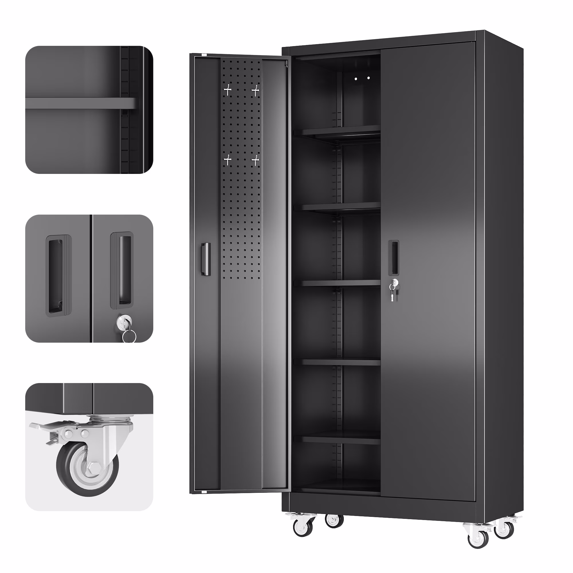 Metal Rolling Storage Cabinets with Locking Doors and 5 Adjustable Shelves, Steel Garage Storage Cabinet for Garage, Office, Classroom, Assemble Required(Black)(Black Cabinet)