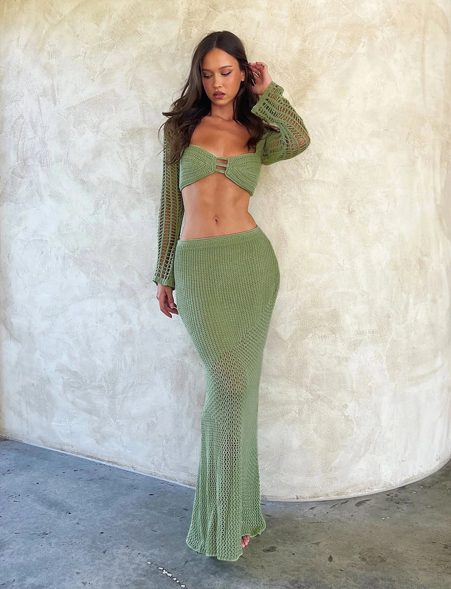 Ensemble jupe maxi 2 pièces en crochet pour femme avec haut à manches longues et découpe