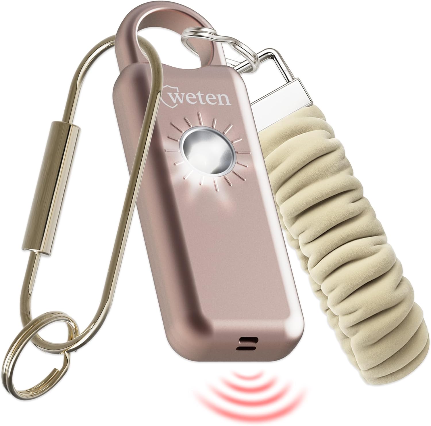 Weten Personal Safety Alarm Keychain – 130dB Siren with Bottom Speaker, LED Light, Wristlet & Carabiner Clip – Weatherproof Self Defense Alarm with Low Battery Alert (Metallic Rose)