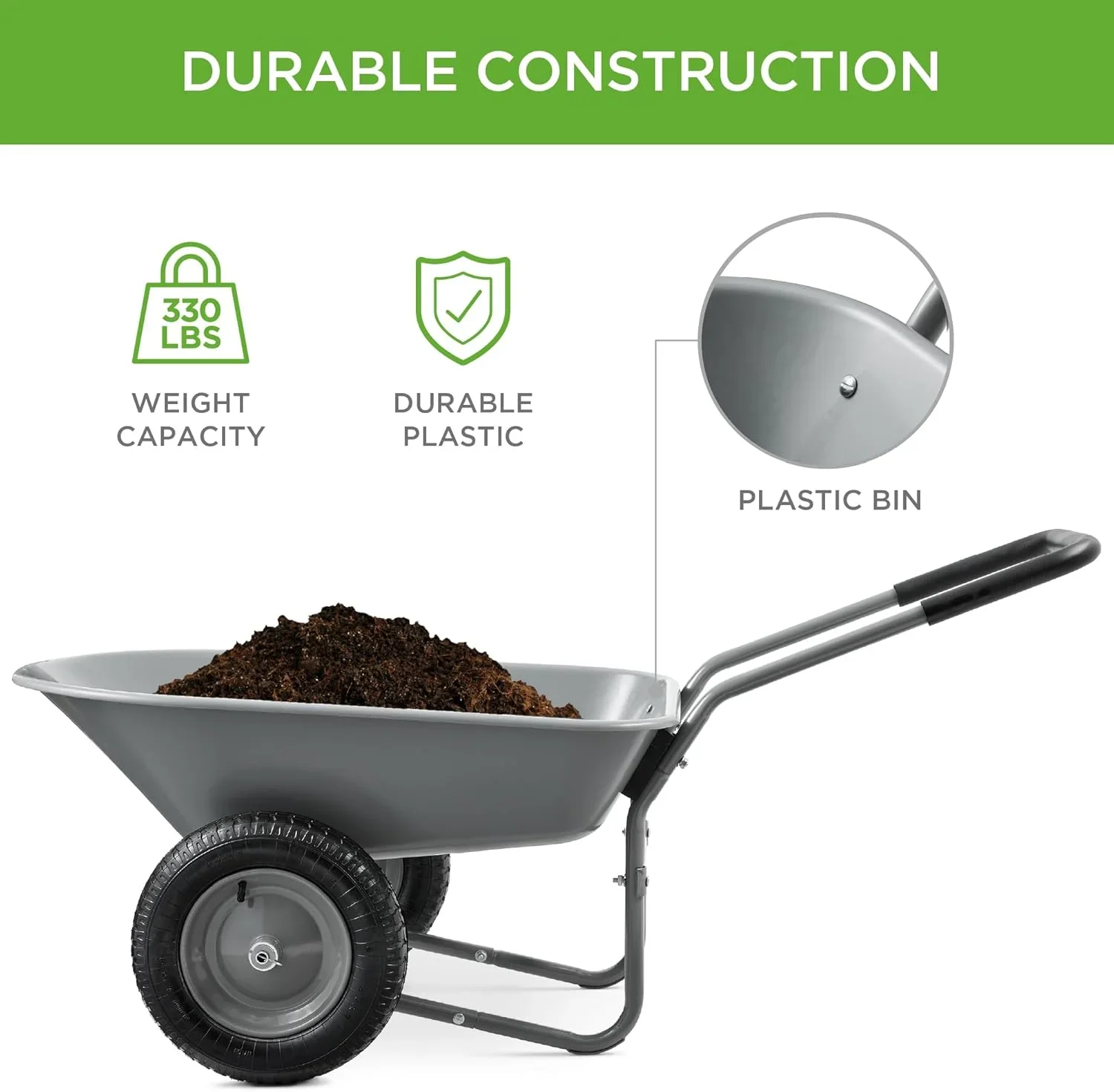 SAZYY Heavy-Duty Dual-Wheel Home Utility Yard Wheelbarrow & Garden Cart with Built-in Stand �C Versatile Solution for Lawn Care, Gardening & Construction Tasks, Gray