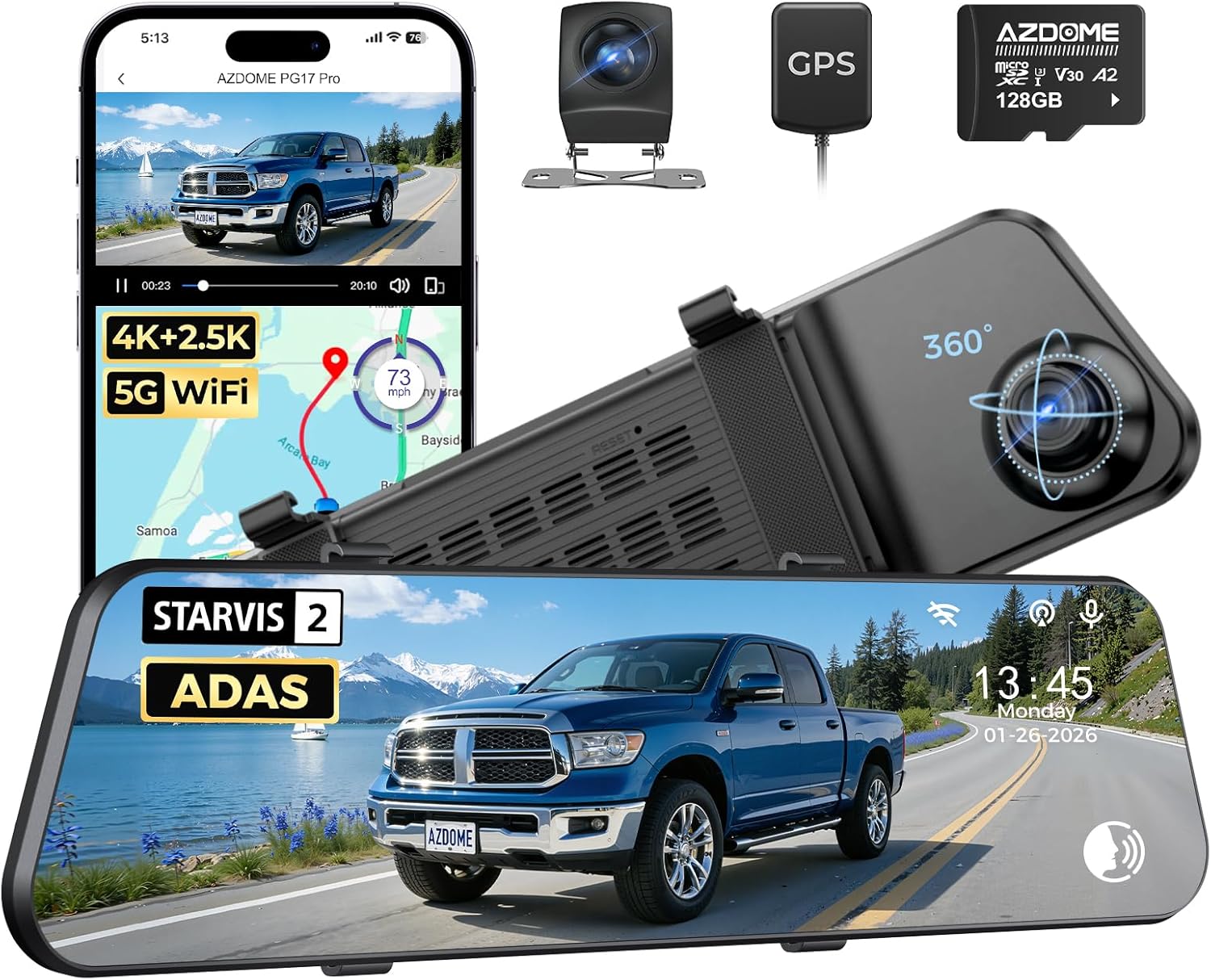 AZDOME PG17 Pro STARVIS 2 Mirror Dash Cam Front and Rear with IMX678  ADAS 12