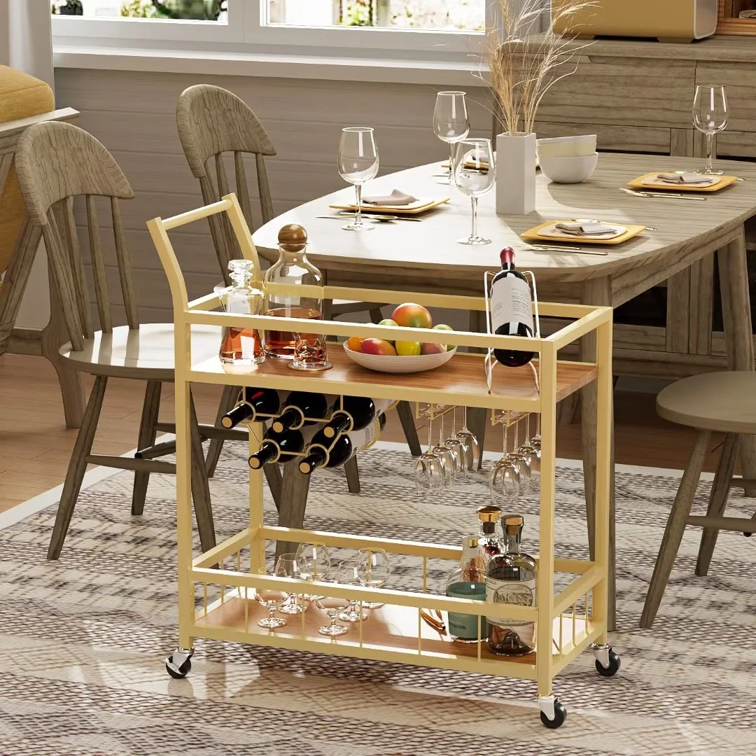 Bar Cart Home Industrial Mobile Bar Cart Serving Wine Cart on Wheels with Wine Rack and Glass Holder 2 Wood Storage Shelves for Living Room, Kitchen, Party (Gold)(Gold) - Image 3