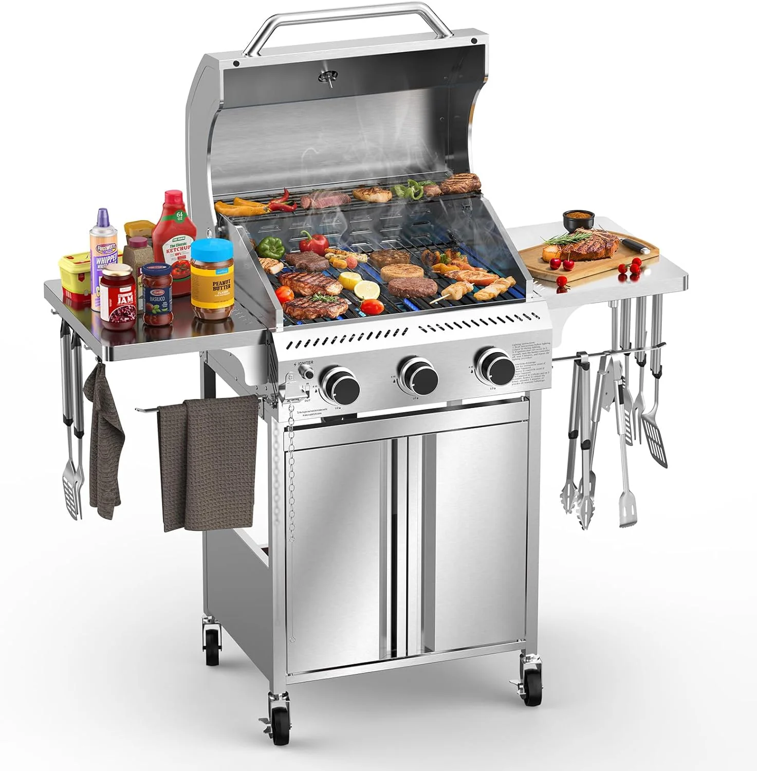 Barbecue à gaz propane à 2 brûleurs avec poêle en fonte et grilles combinées