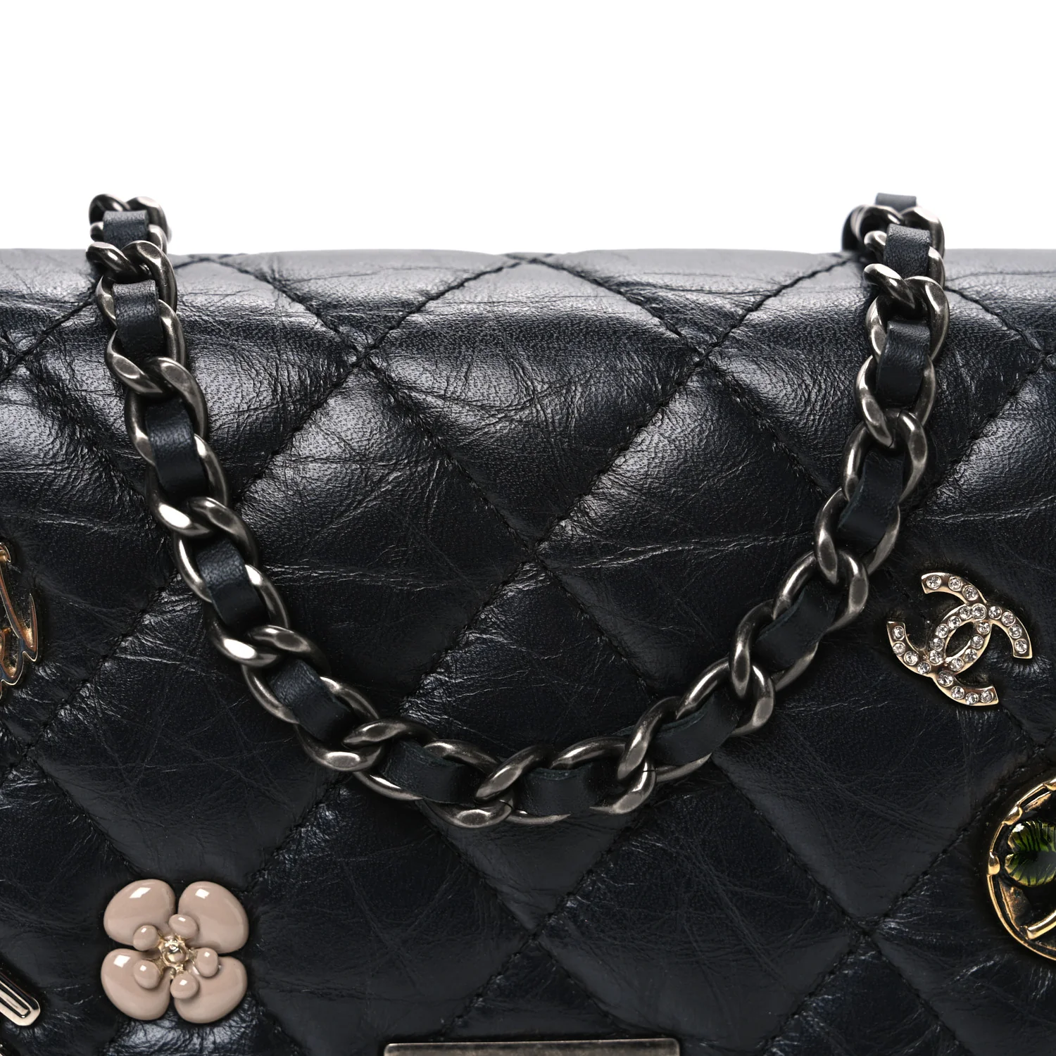 Aged Calfskin Quilted Lucky Charms 2.55 Reissue Wallet On Chain WOC Black