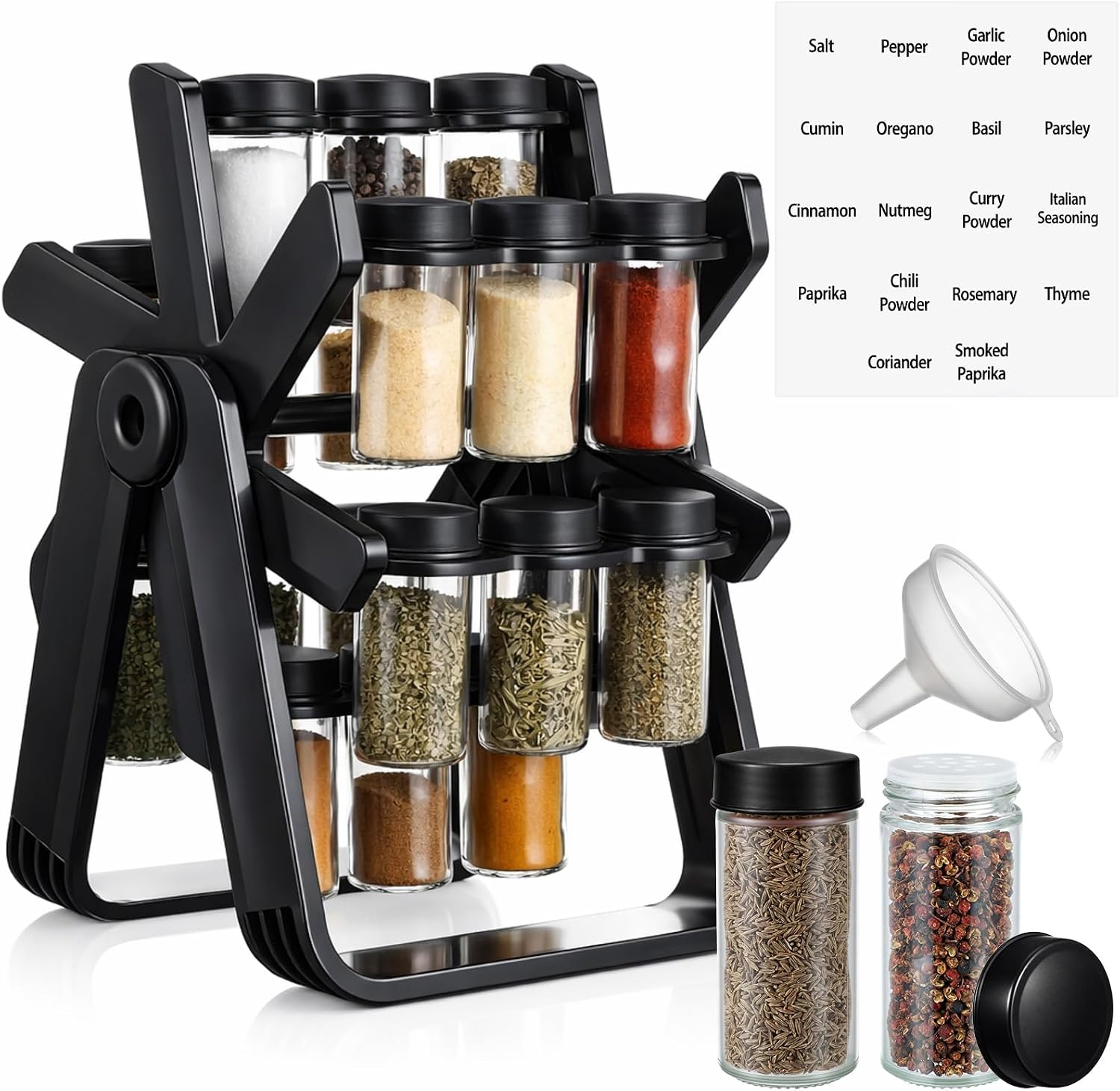 Yungyan Ferris Wheel Rotating Spice Rack Seasoning Organizer with 18 Empty Jars, Spice Containers Set with Labels and Funnel, Revolving Seasoning Rack Black Kitchen Countertop Cabinet Accessories