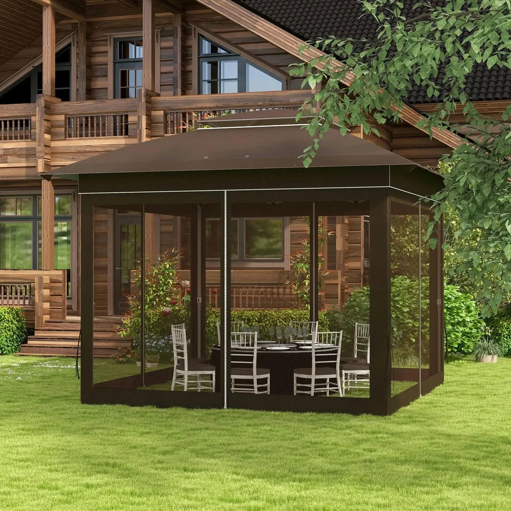 GVN Backyard Garden Canopy, Camping Canopy Screen Tent,12' x 12' Pop Up Canopy Tent with Netting and Carry Bag, Dark Brown