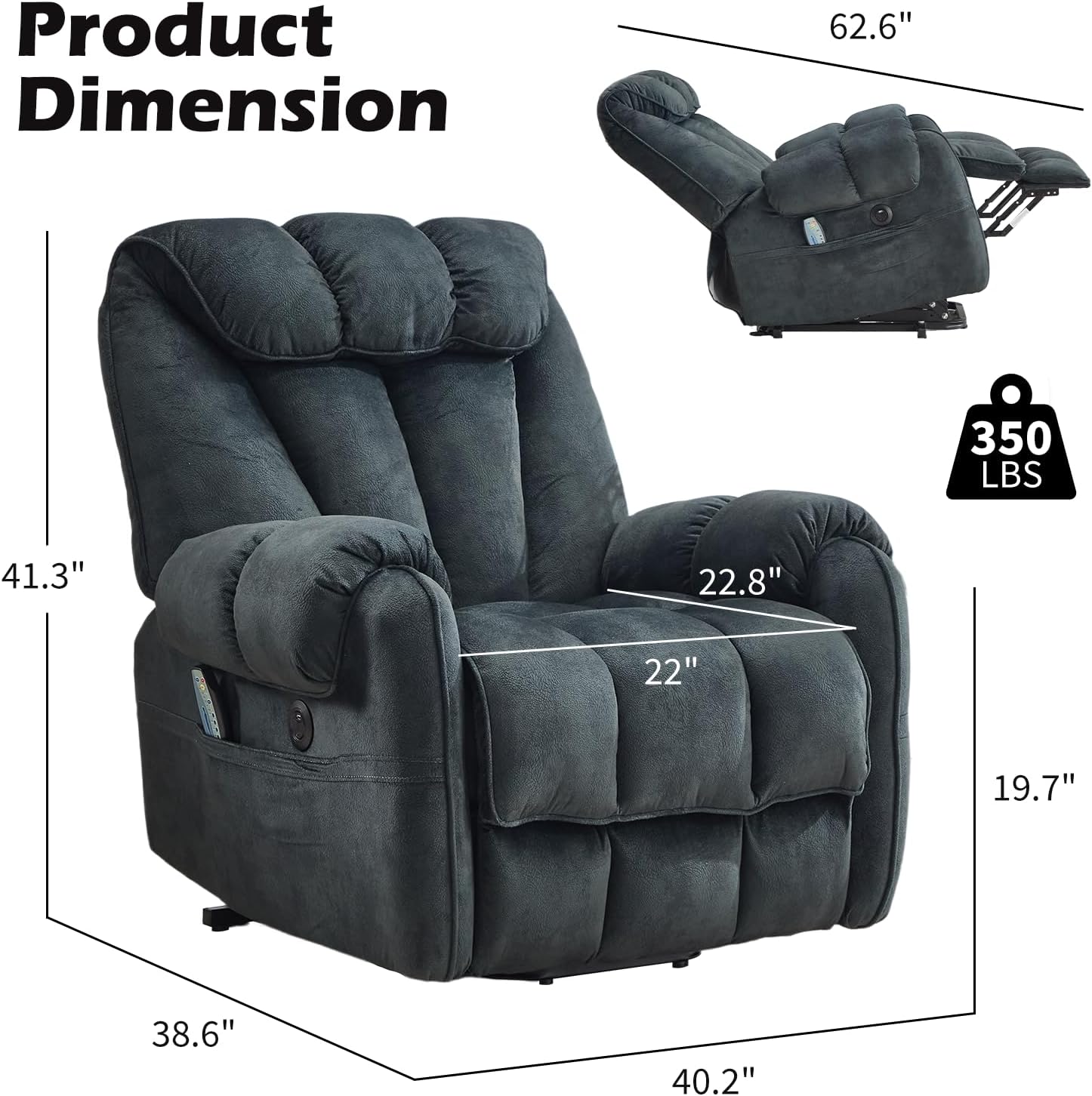 CANMOV Power Lift Recliner Chair for Elderly with Massage & Heat, Overstuffed Recliner Chairs for Adults, Electric Recliners with Type-C & USB Port, Side Pockets, for Living Room, Grey