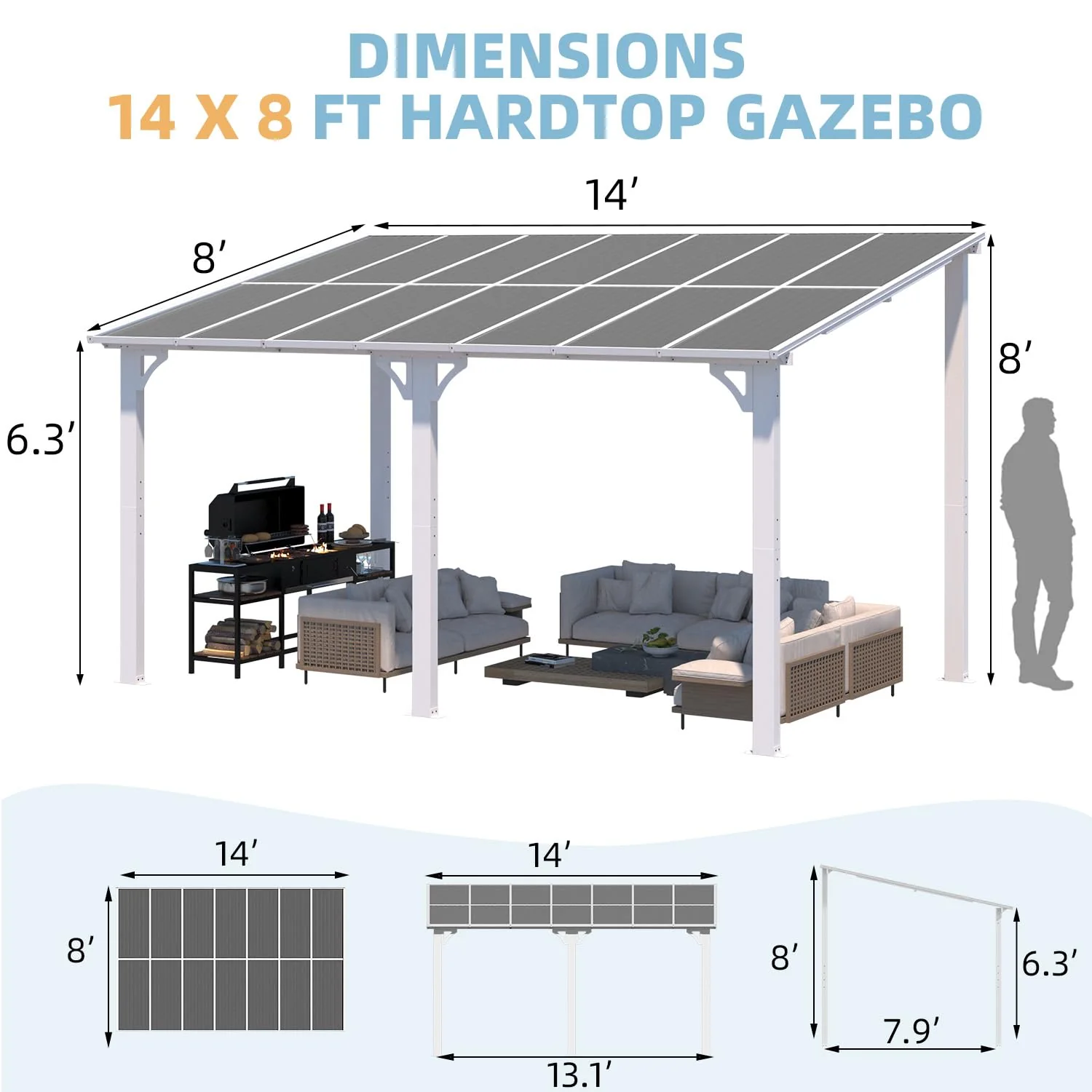 AECOJOY 14'x8' Wall Mounted Gazebos Pergola, White