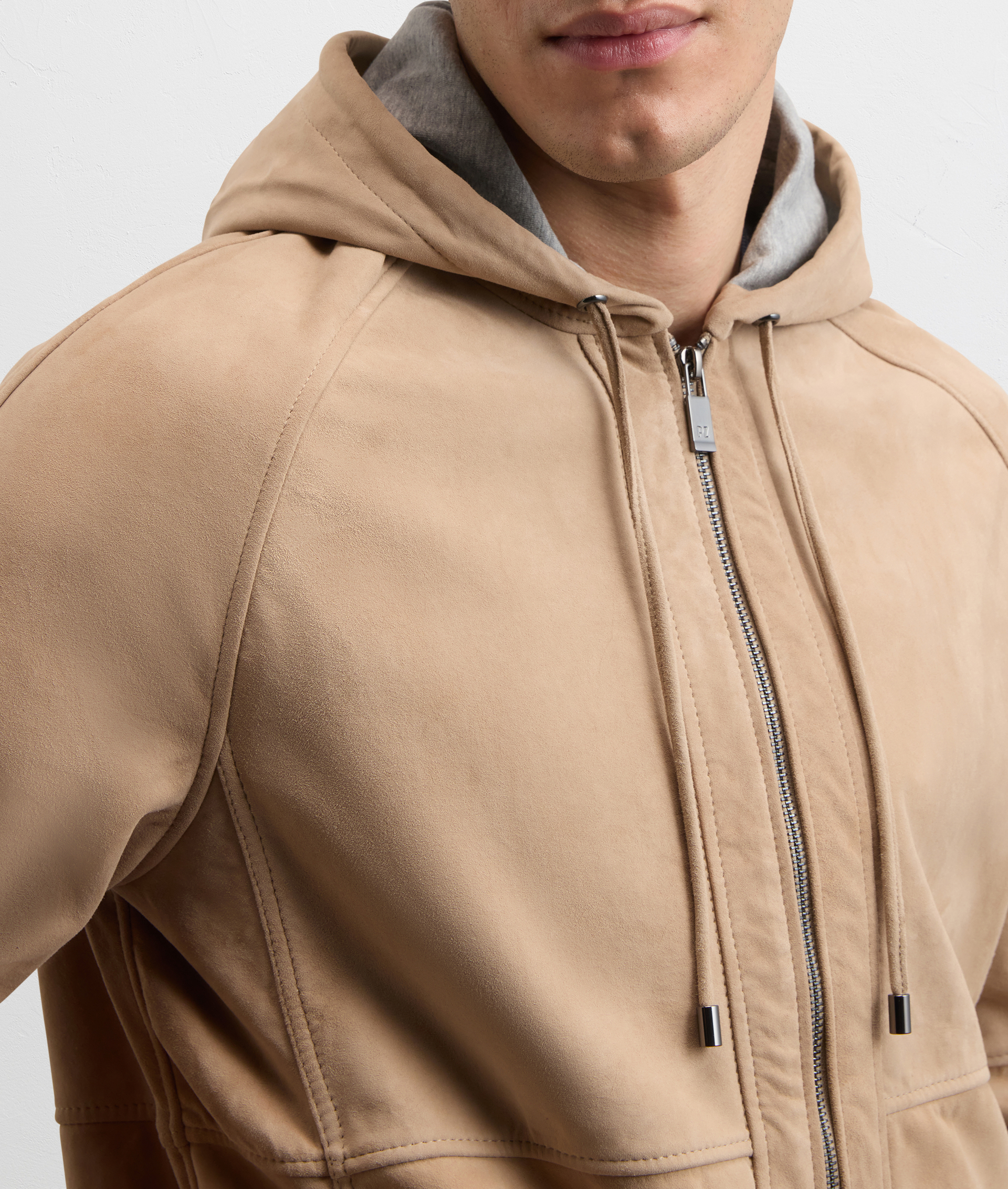 LIGHT BROWN GOAT SUEDE ULTRA LIGHTWEIGHT HOODED BOMBER JACKET
