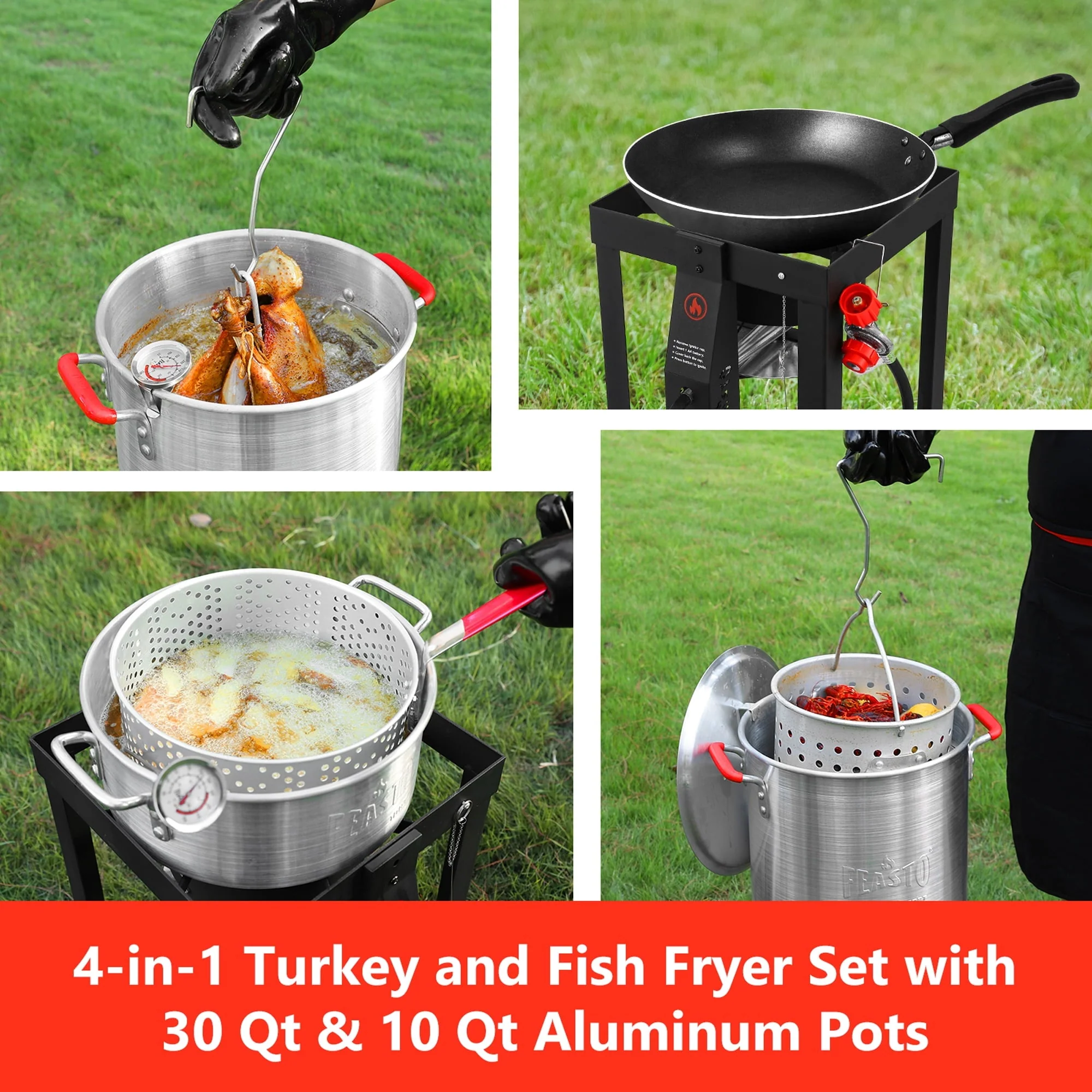 FEASTO Turkey Fryer and Fish Boiler Set with 30 Qt and 10 Qt Aluminum Pots Set, Auto Ignition, 55000BTU Propane Burner for Outdoor Cooking