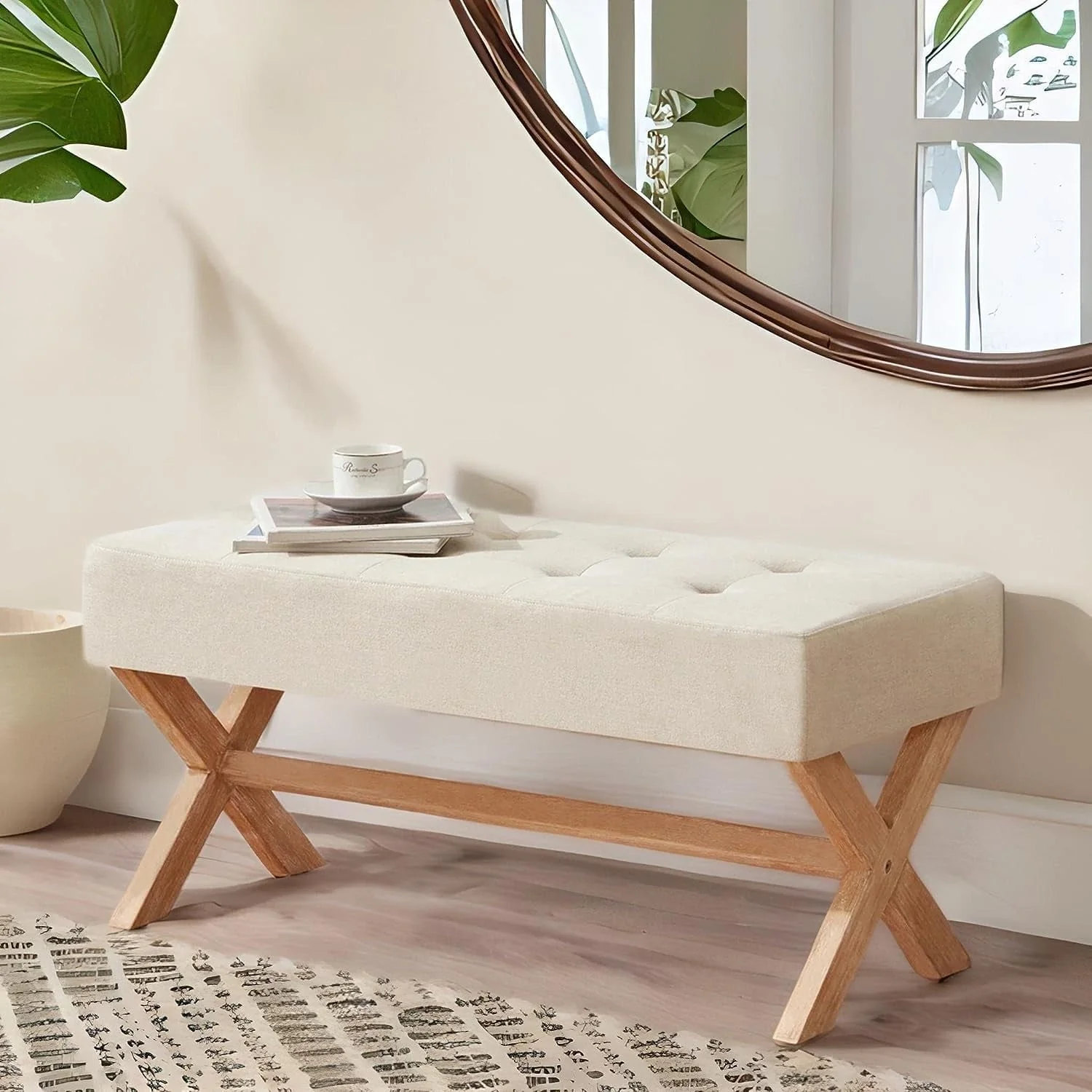 Bedroom Bench, 35" Upholstered Entryway Bench Dining Bench, Tufted Fabric End of Bed Bench for Bedroom Living Room Hallway, Beige(Beige) - Image 5