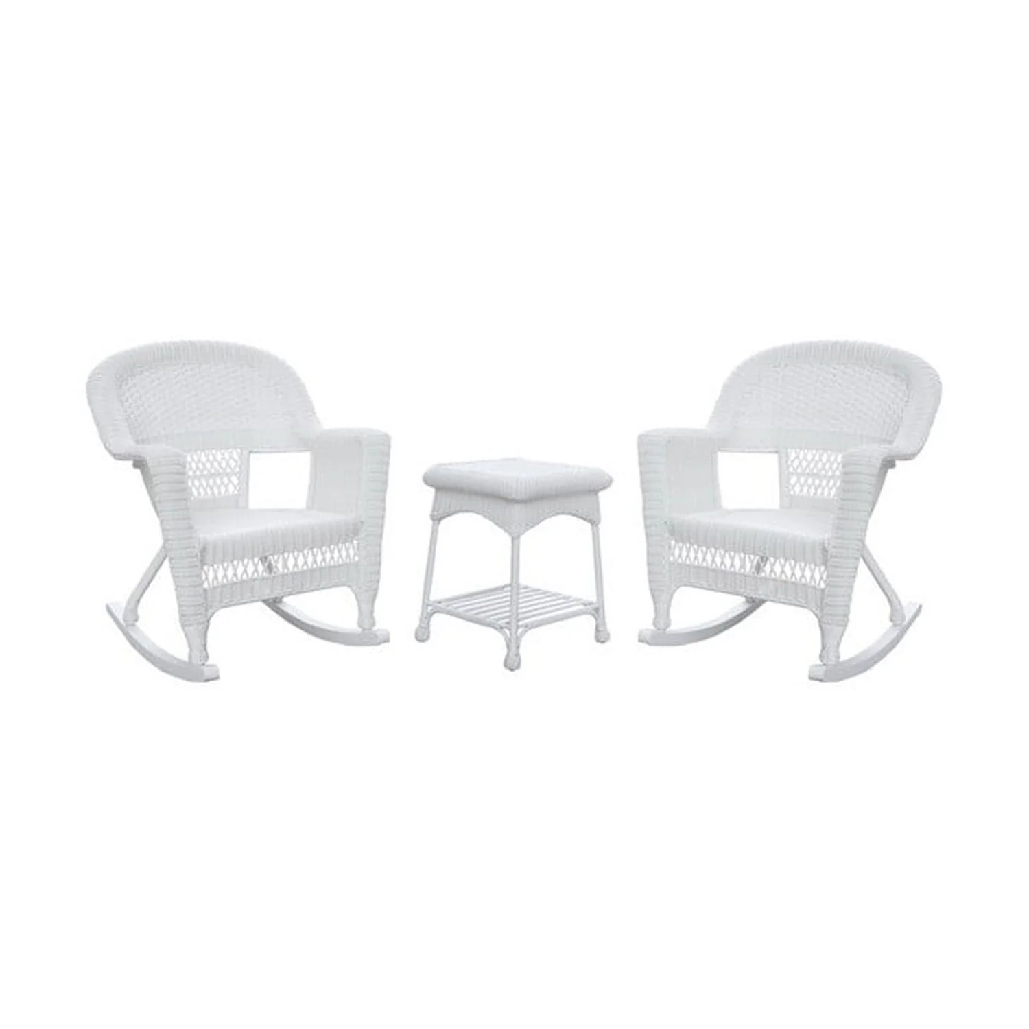 Jeco 3 Piece Resin Wicker Outdoor Patio Rocker Chair with End Table Set in White