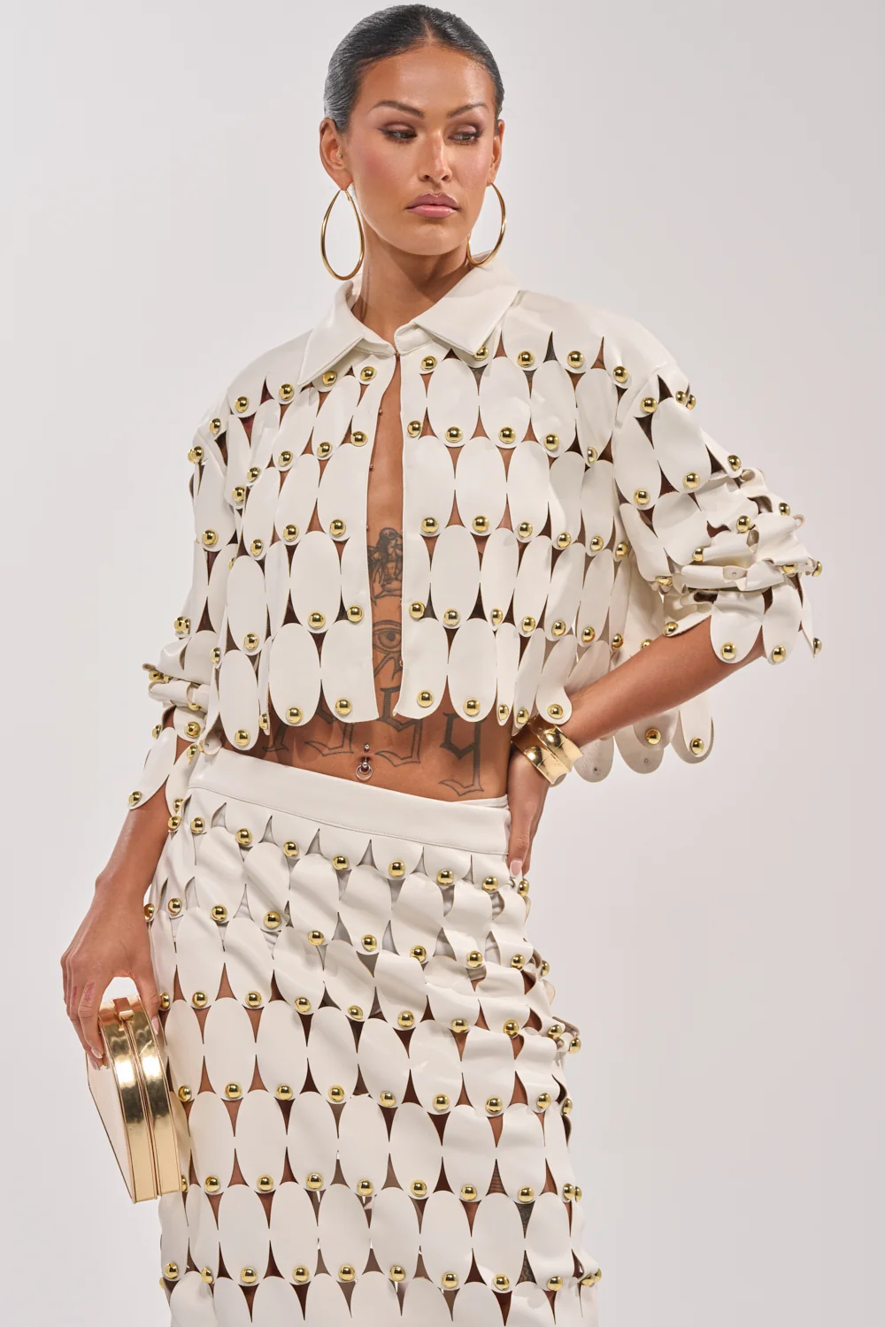 THE SNEAK PEEK STUDDED PU CROP CARDIGAN IN WHITE - Akira Store