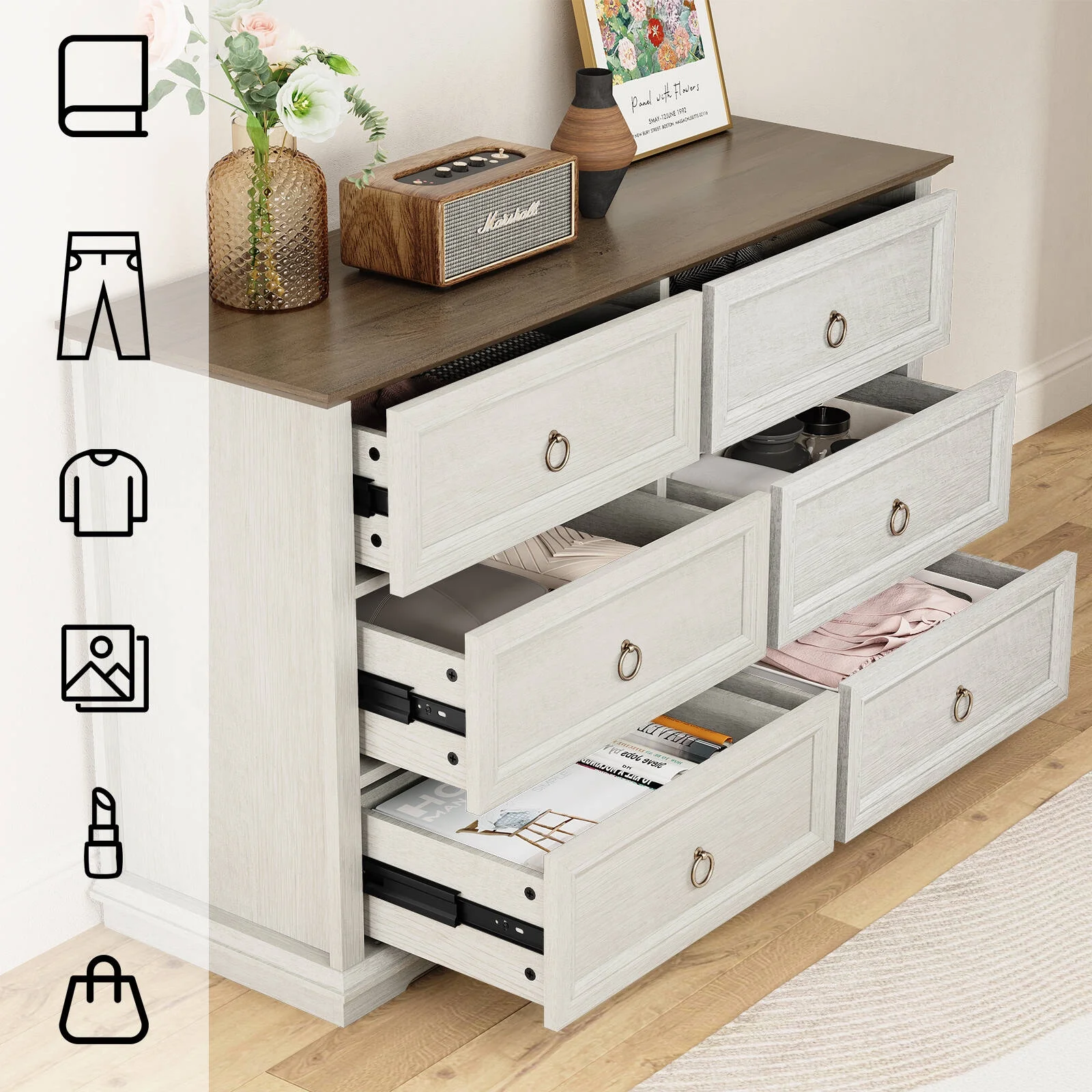 6 Drawers Dresser for Living Room,Storage Cabinet Wooden Dressers Organizer for Bedroom,White(Horizontal/White) - Image 7