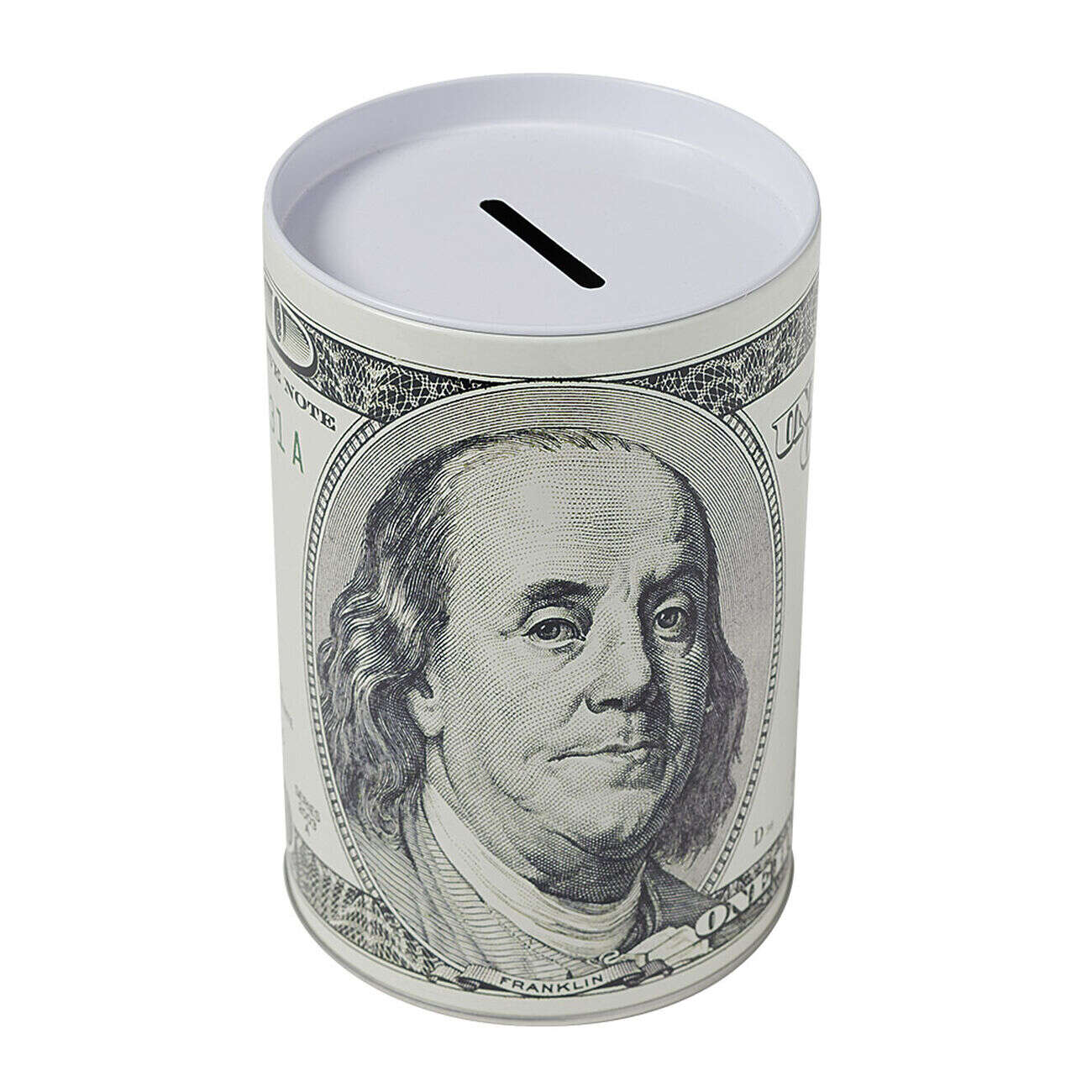 Tirelire cylindrique motif billet de banque