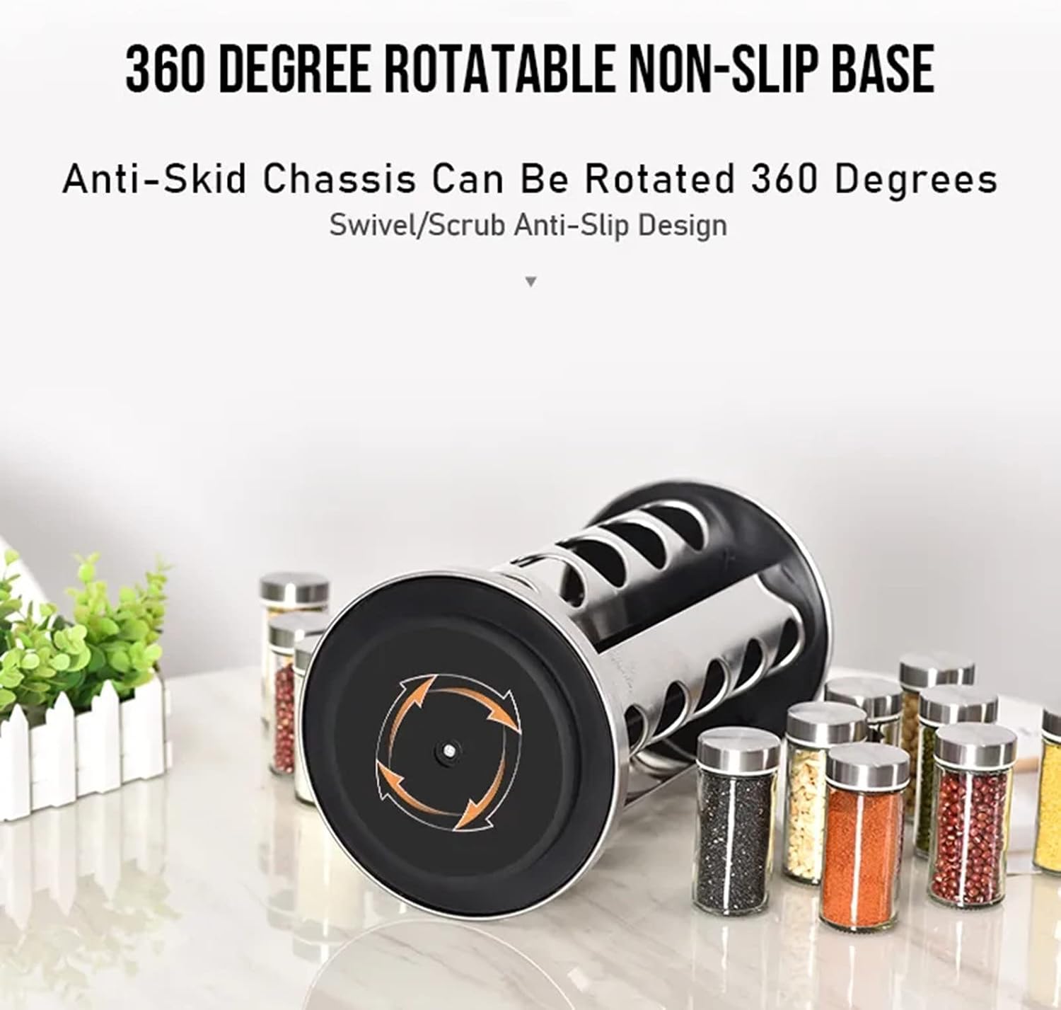 EBIZ&TECH 20-Jar Stainless Steel Rotating Spice Rack with Non-Slip Base - Kitchen Countertop Organizer for Easy Access and Storage of Spices (Silver)