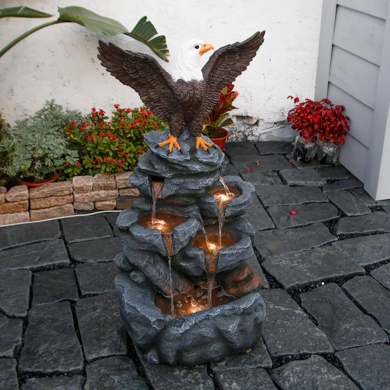 Bald Eagle Statue Outdoor Fountain Tiered Cascading Rock Water Feature for Garden Patio Backyard Porch Deck 38.58 Tall Outdoor Waterfall Sculpture Elegant Garden Decor
