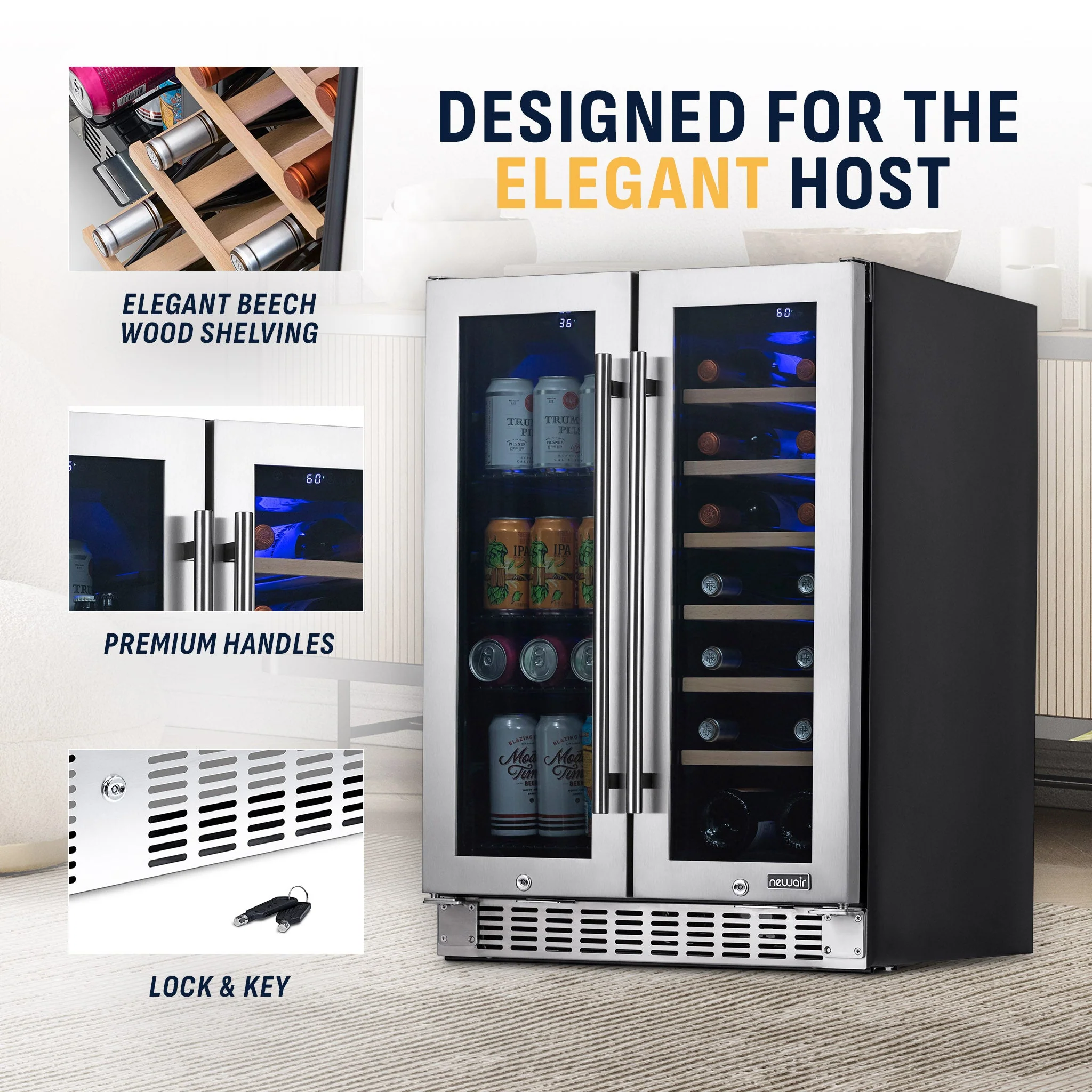Newair 58-Can, 18-Bottle Premium Built-in Dual Zone Beverage Fridge - 24