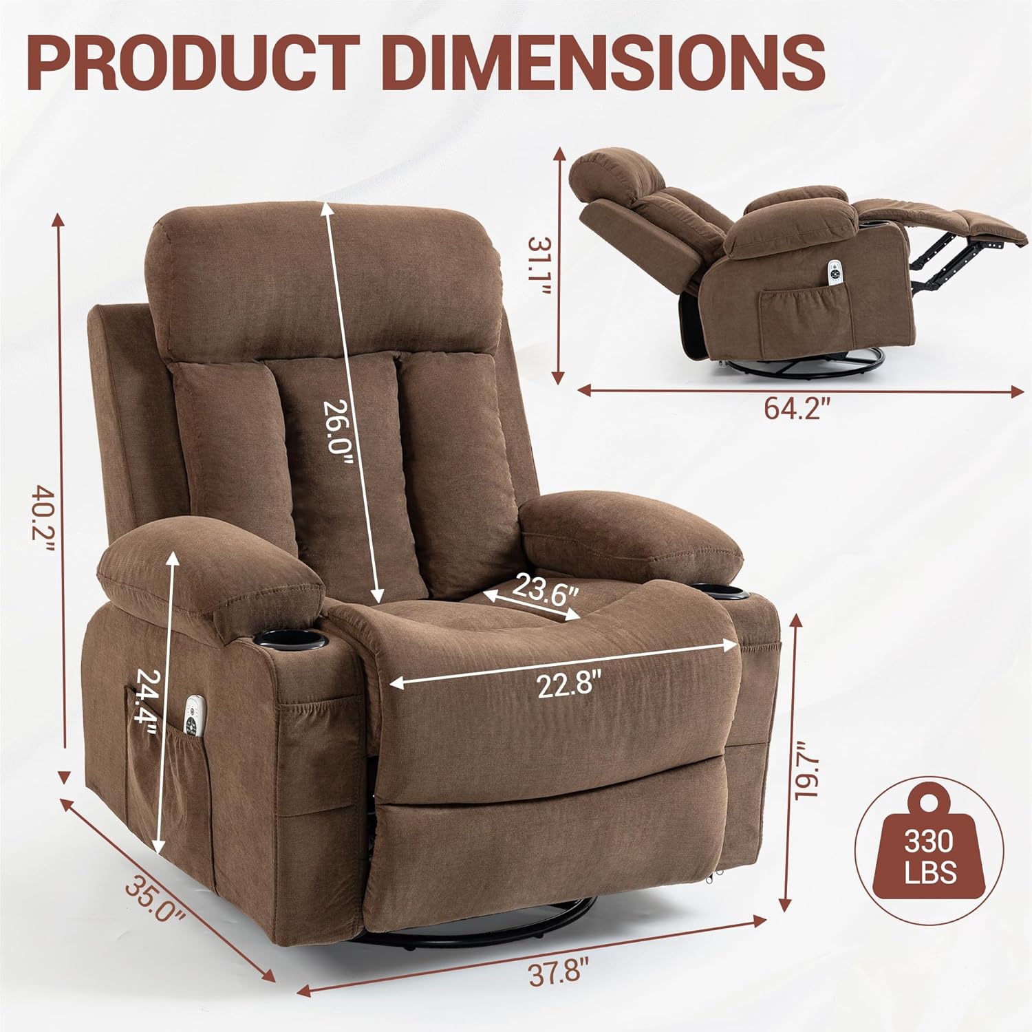 360° Swivel Rocking Chair, Rocker Recliner Chair with Vibration Massage and Heat, Ergonomic Lounge Chairs with Rocking Function and Side Pocket, Cup Holders, Brown