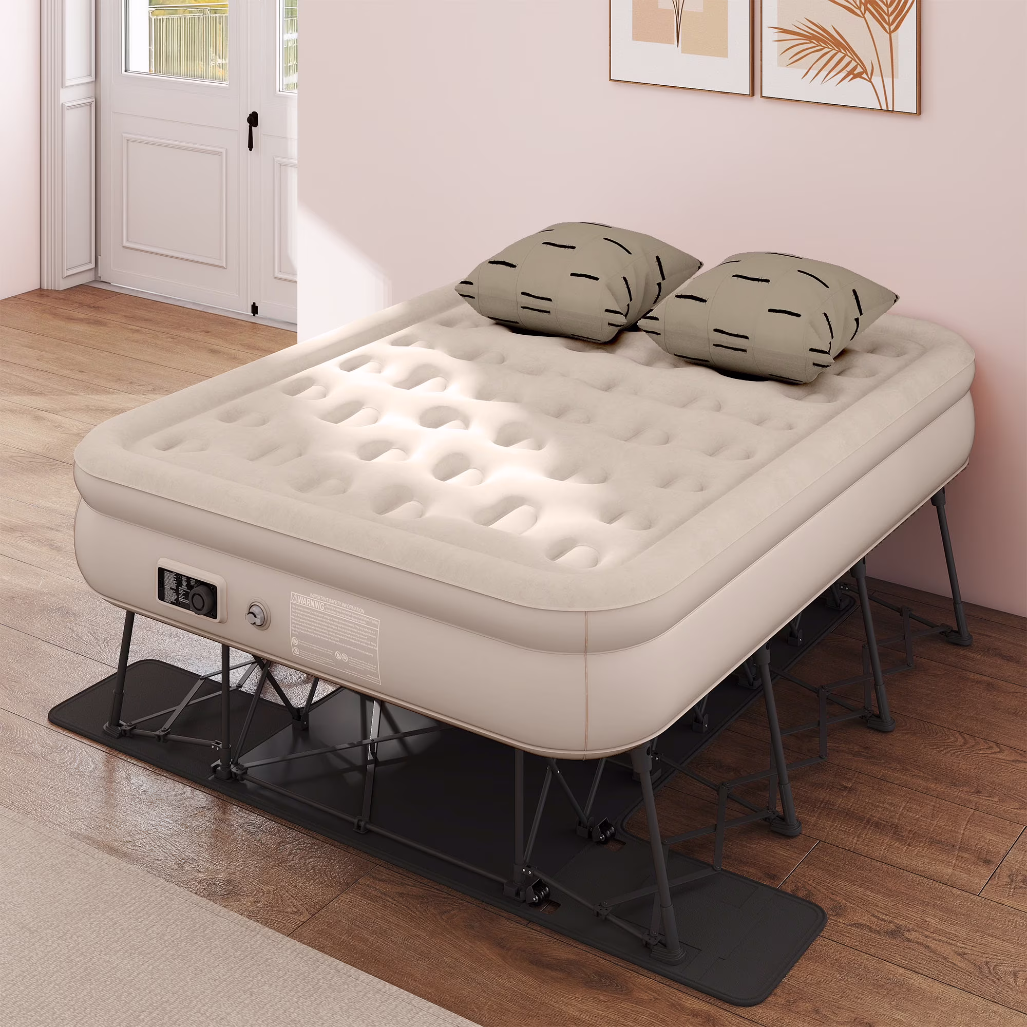 Inflatable Queen Air Mattress with Built-in Pump, Frame, Velvet Surface Portable Storage Case, Khaki(Queen/Khaki)