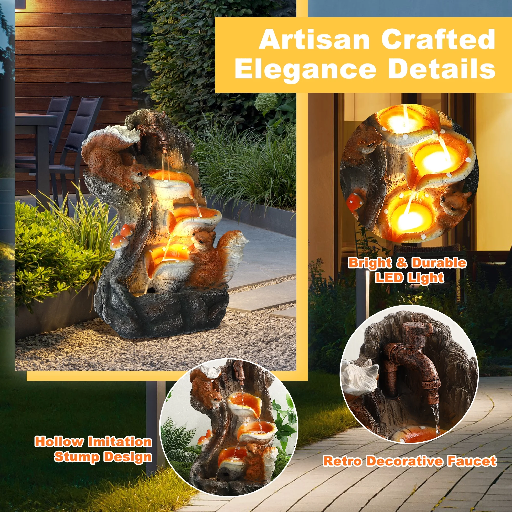 Outdoor Water Fountain, Garden Decor Outside Indoor Waterfall Cascading Rock Fountain with Retro Decorative Faucet, Patio Resin Fountains for Yard, Deck, Porch and Home, Imitation Stump - Image 5