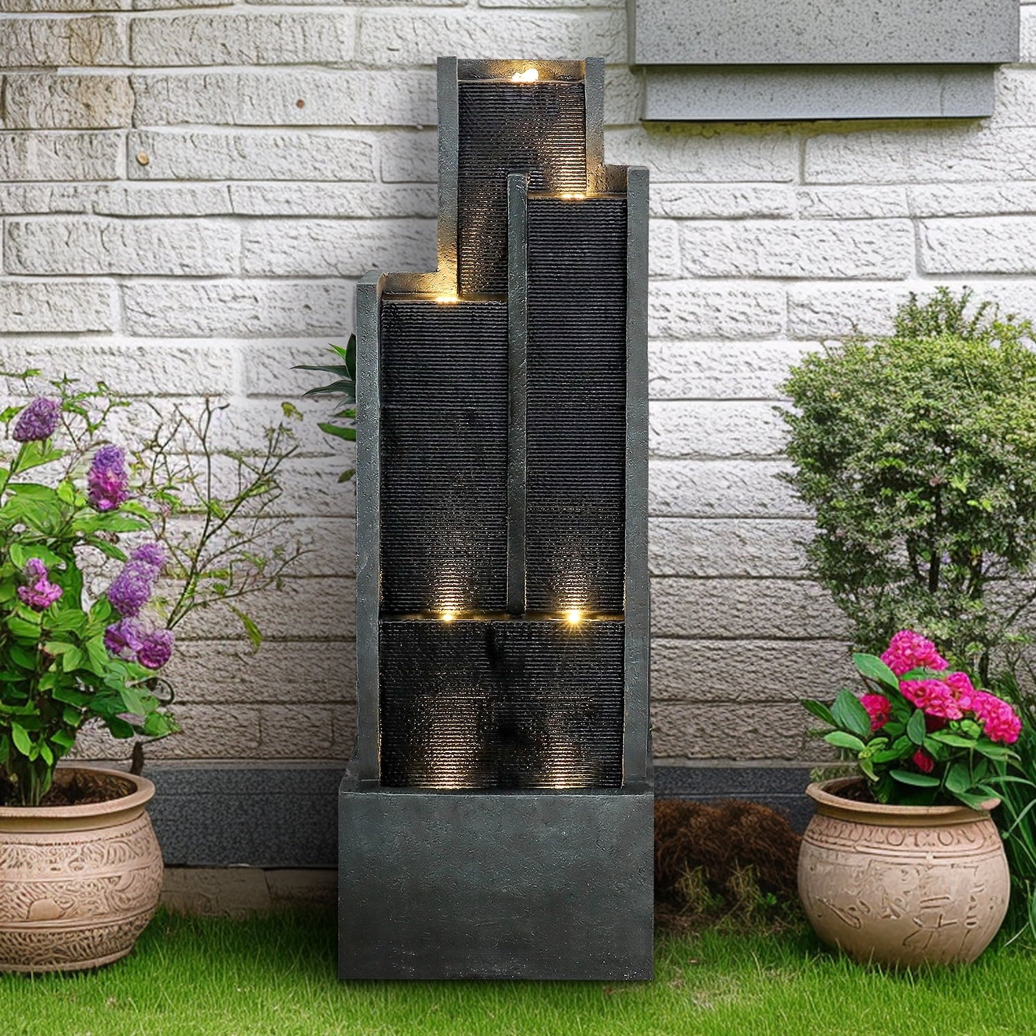 4-Tier Water Fountain with LED Lights  - 50.7 H Waterfall Fountain Indoor Outdoor Water Feature for Home, Patio, Garden