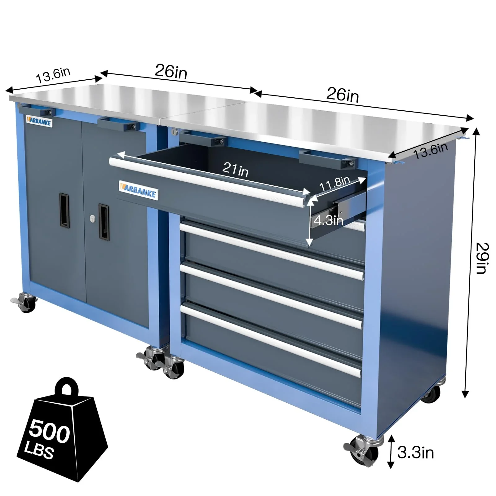 Rolling Tool Chest 5-Drawer Tool Cabinet with Stainless Steel Top Key Lock Heavy-Duty
