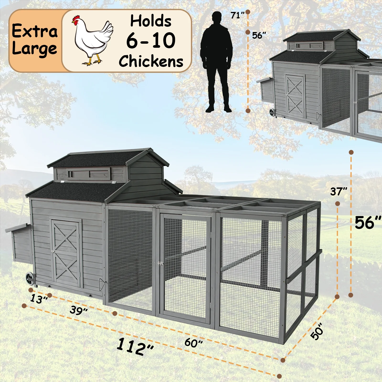 Chicken Coop for 6-10 Chickens, 112" Large Chicken Coops, with Chicken Run Nesting Box Secure Enclosure, Outdoor Wooden Hen House Hutch for Rabbit, Poultry Pet, Duck(Gray) - Image 2