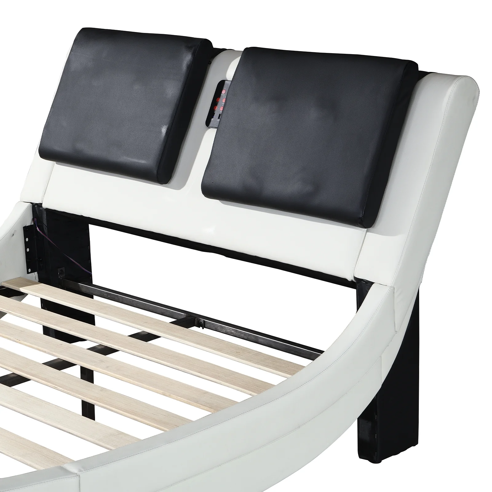 King Size Platform Bed Frame wth LED Light And USB Charging Ports Headboard, Wave-Like Curve Backrest Vibration Massage Upholstered Faux Leather Bed for Home(White1-1) - Image 7