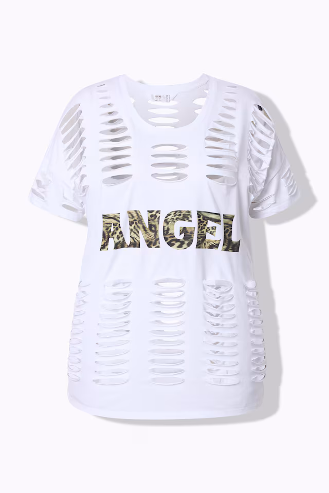 Comfort fit T-shirt with slits and leopard pattern inscription