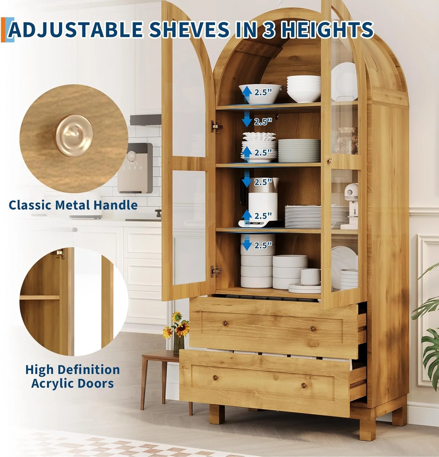71" Tall Arched Bookshelf, Modern Bookcase with 2 Drawers, Glass Door and Adjustable Shelf, Wooden Display Cabinet, Versatile Bookshelf Kitchen Storage Pantry for Living Room, Bedroom- Natural(Oak) - Image 4