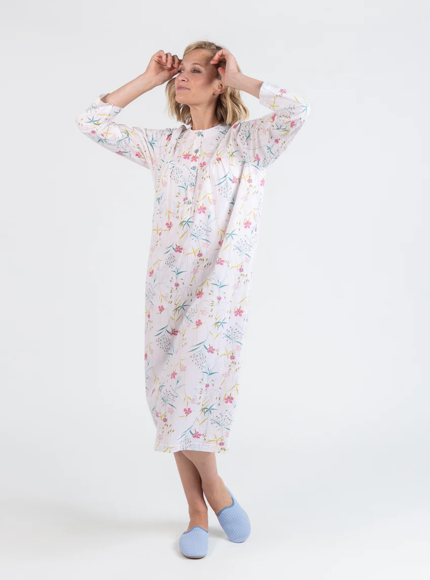 Chemise de nuit femme en coton floral rose poudre