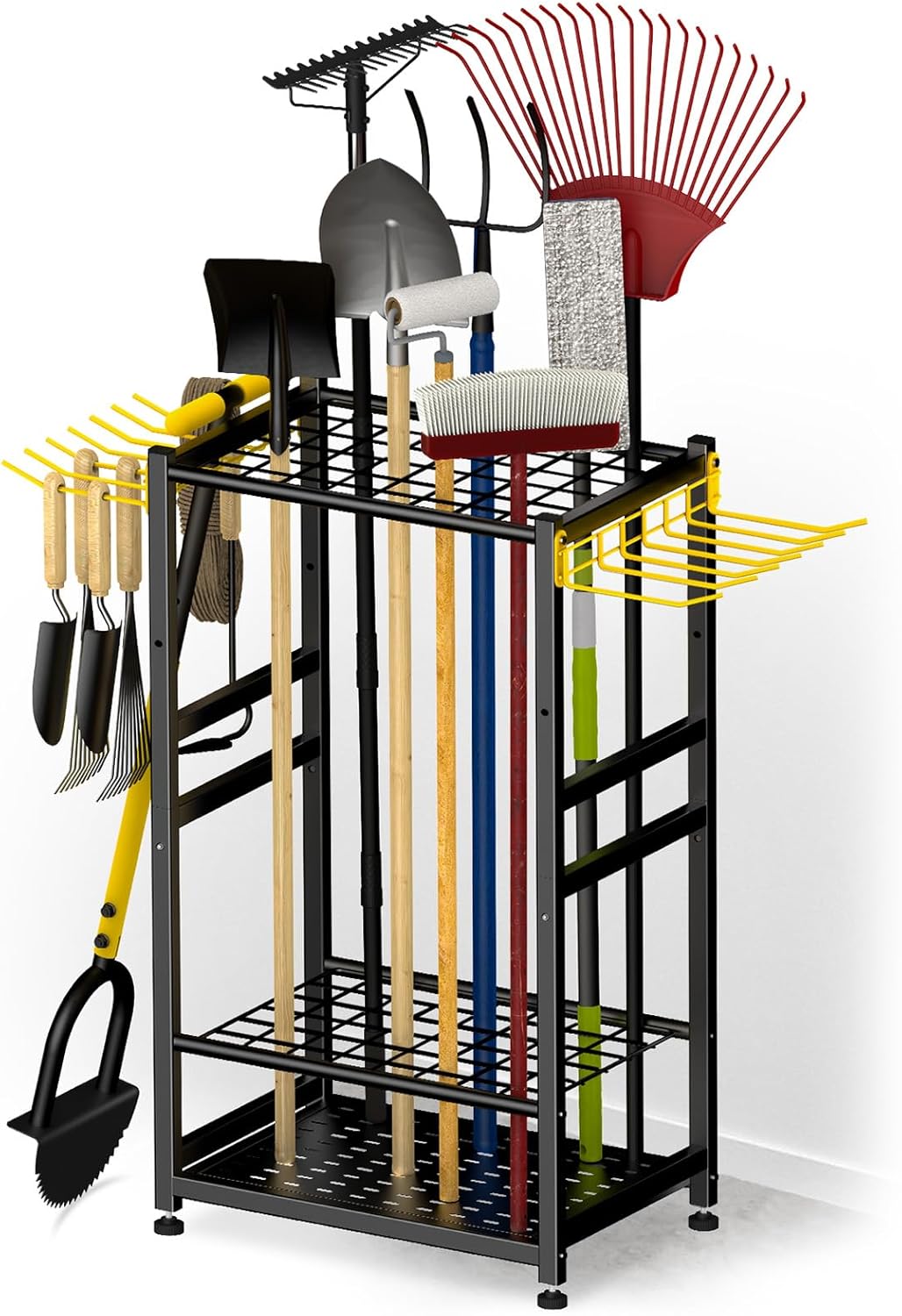 Garden Tool Organizer, Up to 48 Long Handle Tools, Garage Storage and Organization with Side Hook for Broom/Rake/Shovel/T-Handle Tool, Heavy Duty Steel Outdoor Tool Rack, Yard Tool Stand for Shed