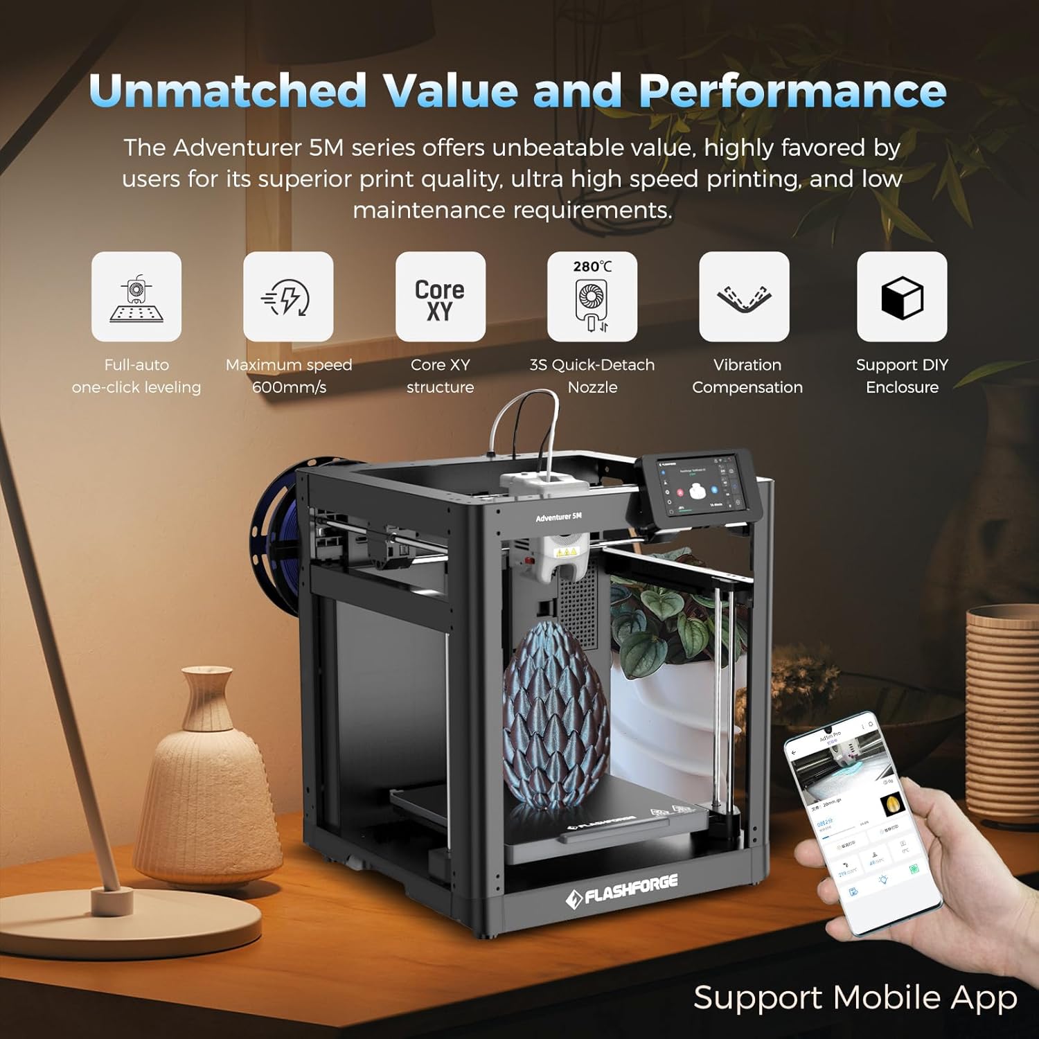 Imprimante 3D Adventurer 5M avec nivellement automatique et haute vitesse