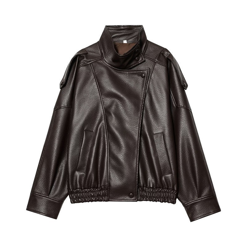 Veste en cuir asymétrique à col montant pour femmes