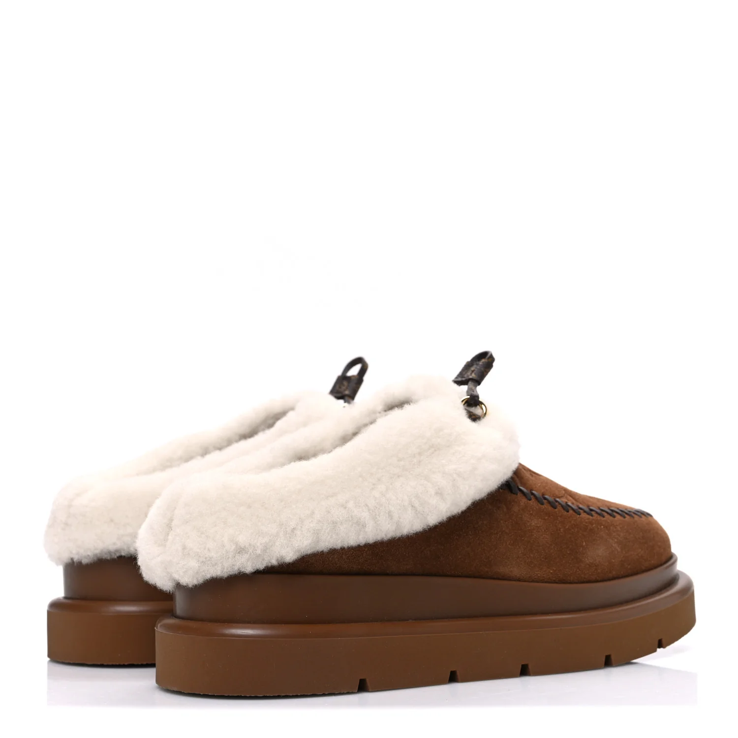 Suede Calfskin Shearling Monogram Debossed Cortina Closed Mule 38 Light Beige