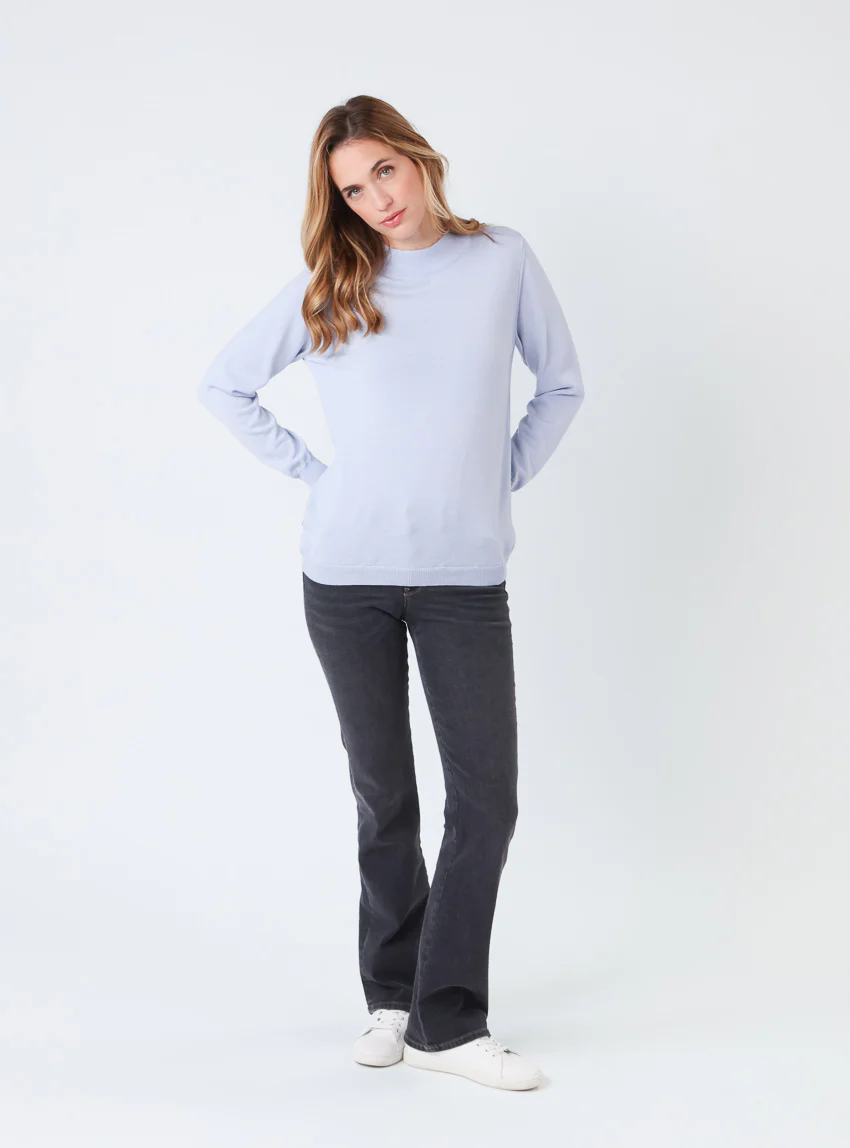 Pull femme col cheminée en laine mérinos Bleu Ciel Léger