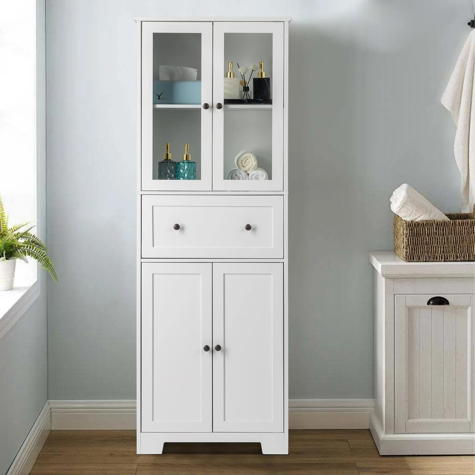 Ktaxon 64" Tall Bathroom Storage Cabinet Organizer, Freestanding Kitchen Pantry Cabinet Line Tower with 2 Glass Doors, Large Drawer 4 Adjustable Shelves for Dining Room Living Room Home Office,White Image 3