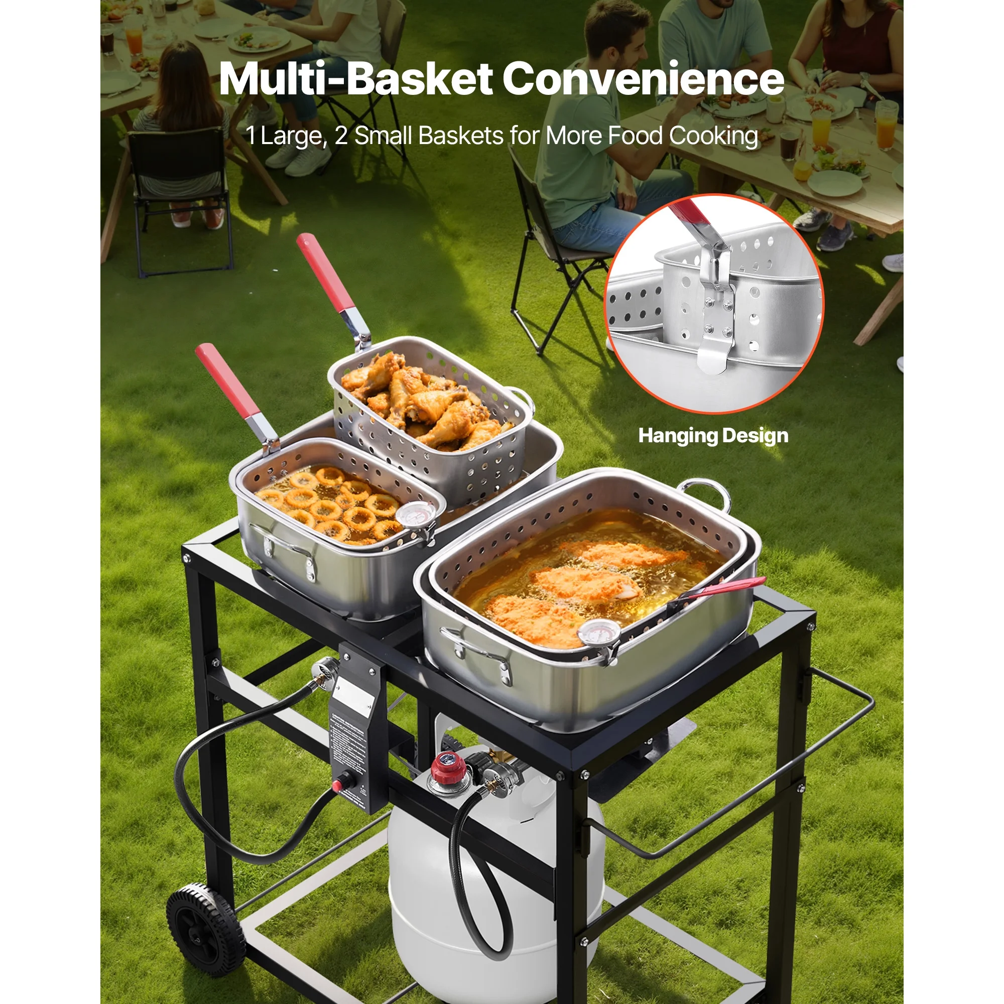Outdoor Propane Deep Fryer, Dual-Tank 18QT x 2 Commercial Fryer, Portable Frying Cart with Wheels, 3 Baskets, 2 Thermometers, Stainless Steel Cooker for Fish, Wings, and Fries, 40,000 BTU - Image 6