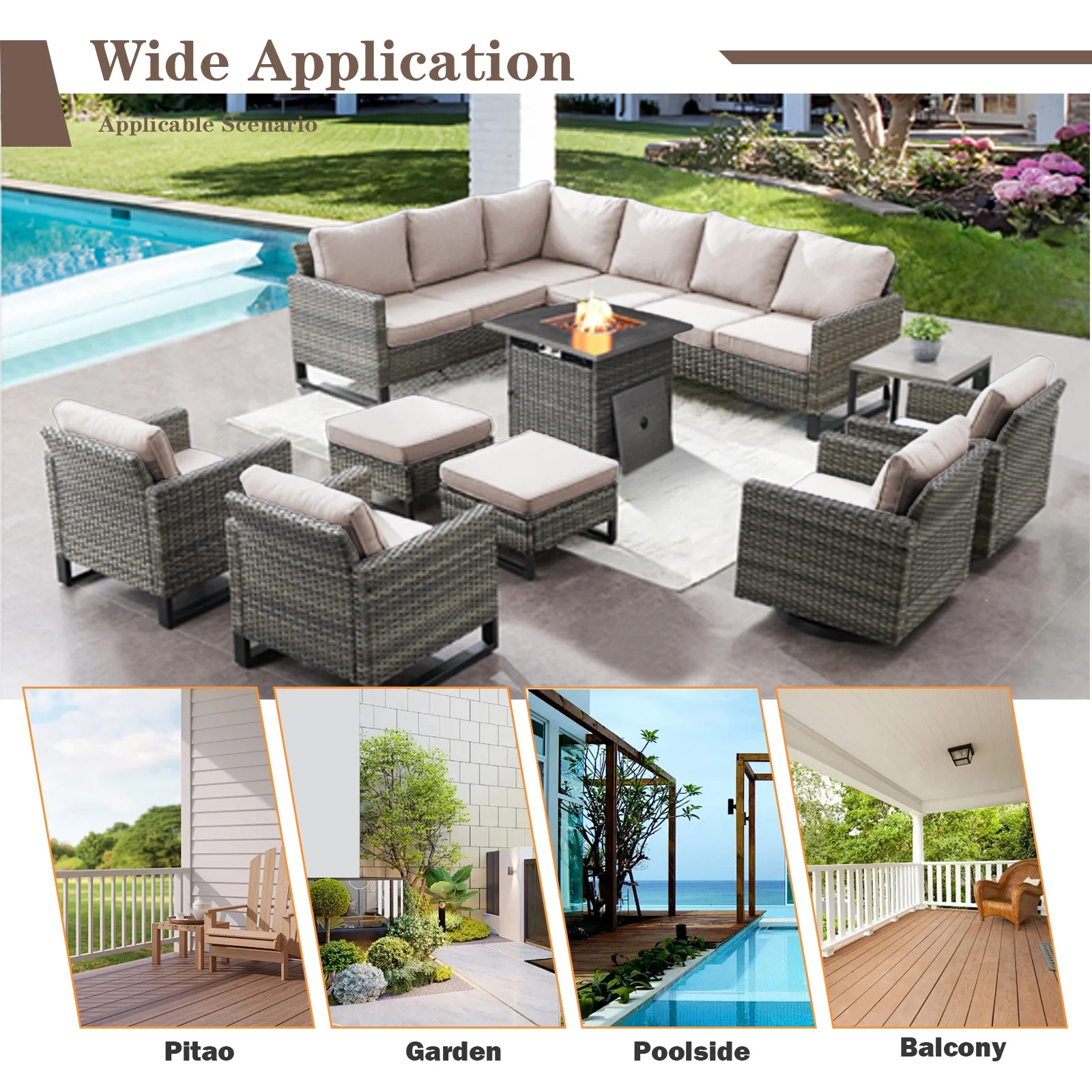 5 Pieces Outdoor Swivel Rocker Chairs Patio Furniture Set with Gas Fire Pit Table, Wicker Patio Conversation Fire Pit Table Set for Garden, Deck, Porch, Backyard,Beige(Beige/Brown) - Image 6