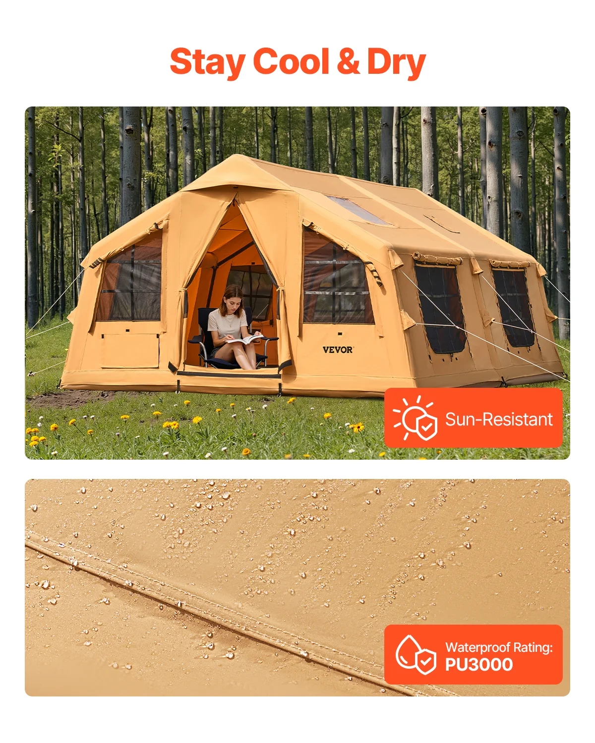 Inflatable Tents for Camping,8-12 Person Easy Setup Blow up Tent with Hand Pump,4 Season Luxury Glamping Tent with 2 Skylights, Canopy,Stove Jack, 2 Doors Mesh Windows(Include Storage Bag) - Image 5