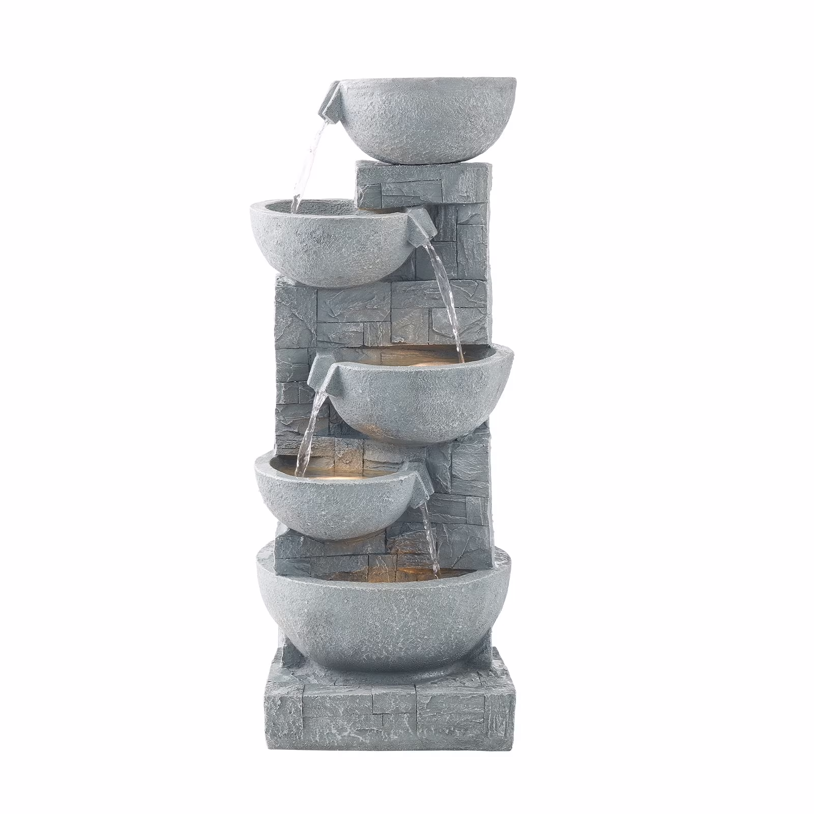 KFFKFF 31.5-Inch Outdoor Water Fountain with LED Light, 5-Tier Cascading Bowl Design, Floor-Standing Waterfall Feature for Garden, Patio, Home, and Backyard Use