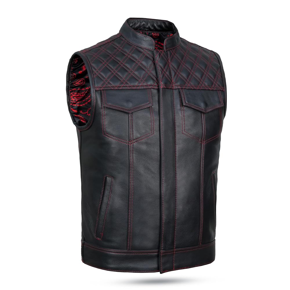 Leatherick Mens Black Motorcycle Vests - Top Grain Cow Leather SOA Club & Traditional Paisley Satin Liner Leather Biker Vests
